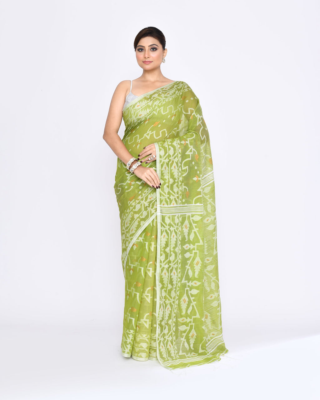 Piyari Fashion Women's Moss Green Embellished Cotton Blend Jamdani Saree - Distacart