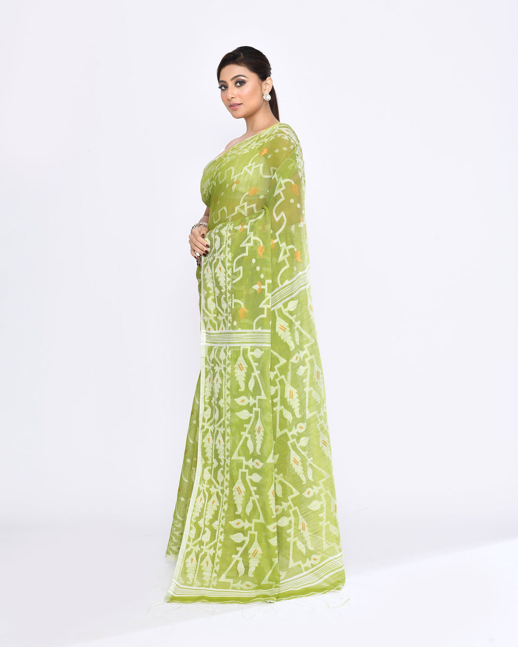 Piyari Fashion Women's Moss Green Embellished Cotton Blend Jamdani Saree - Distacart