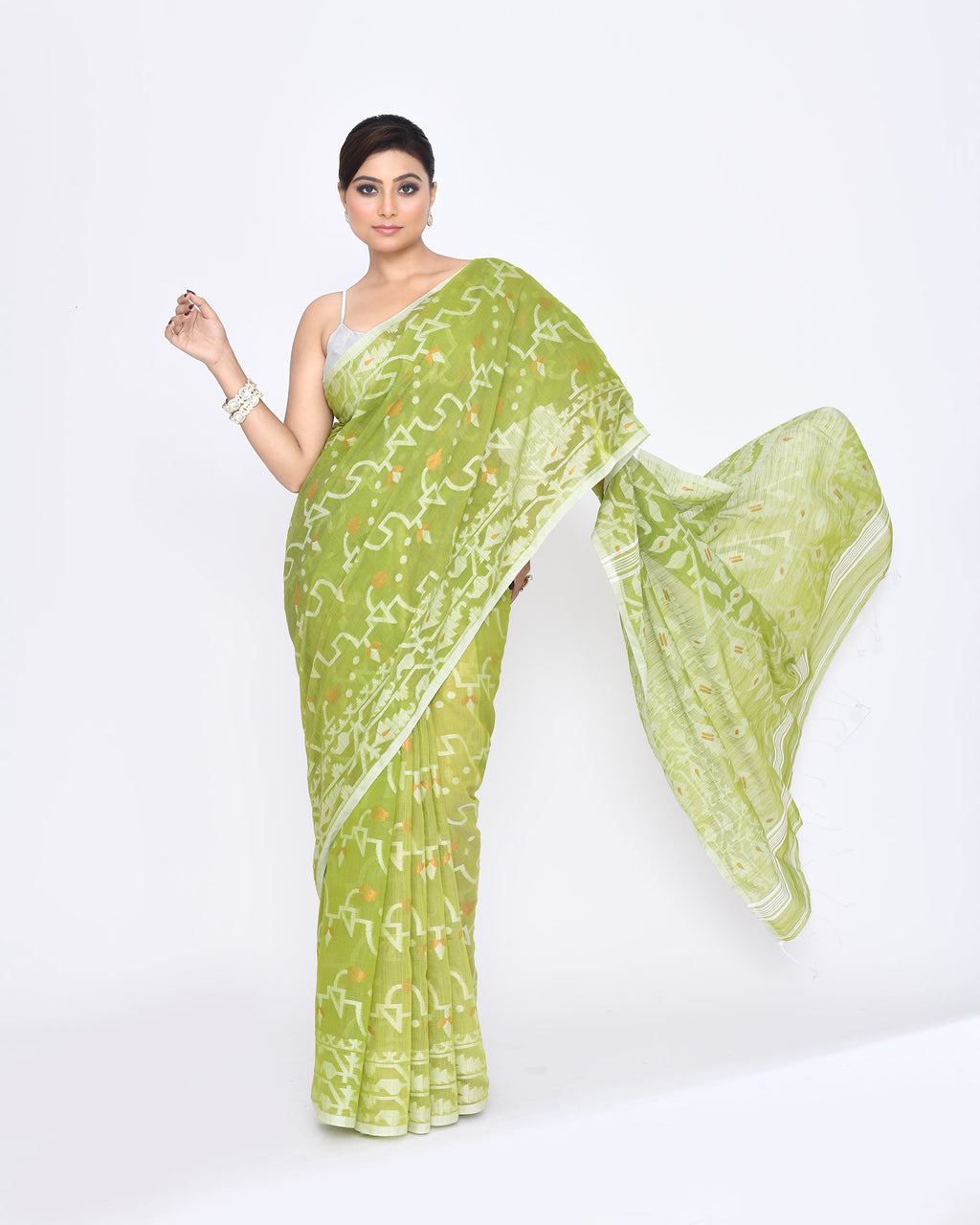 Piyari Fashion Women's Moss Green Embellished Cotton Blend Jamdani Saree - Distacart