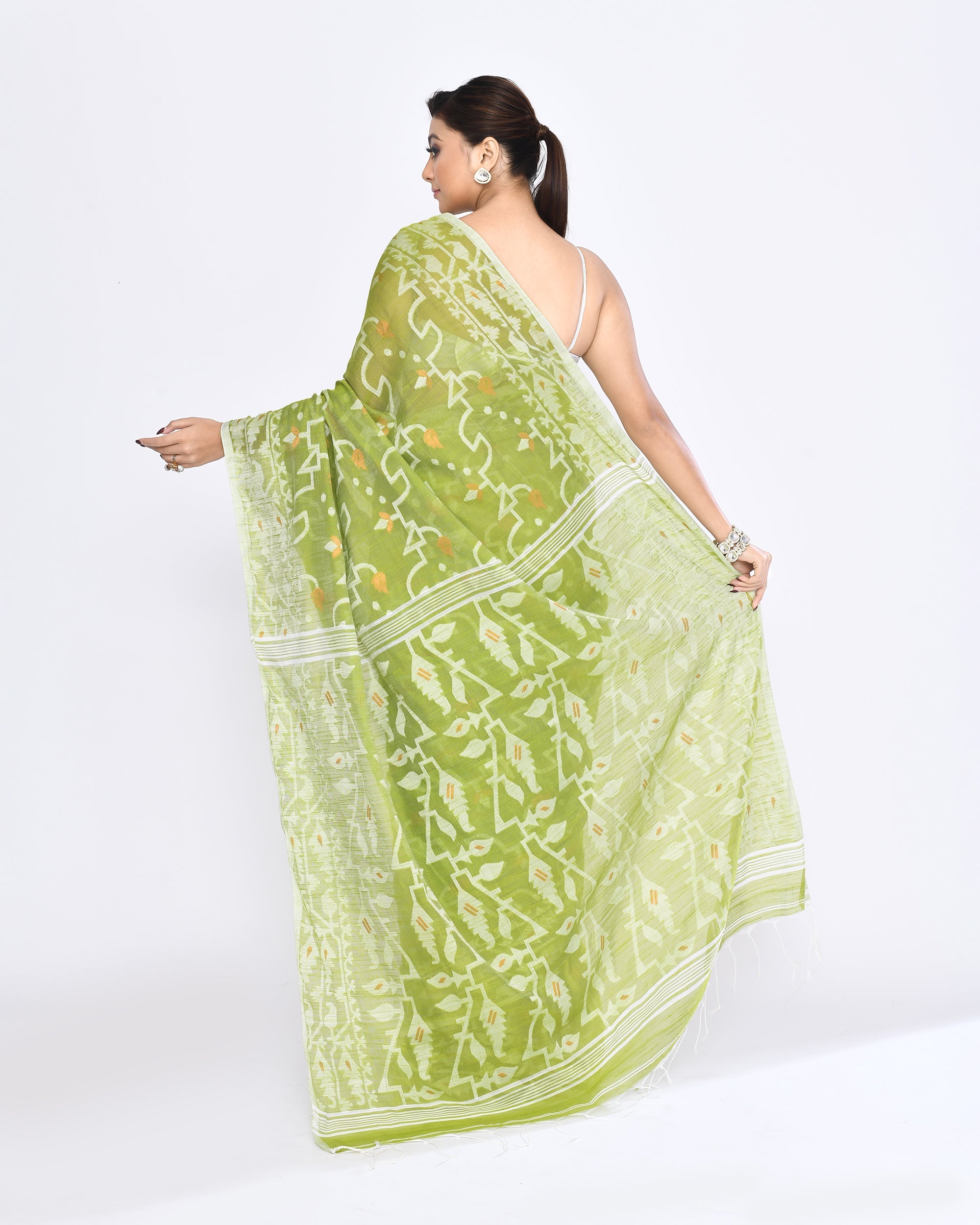 Piyari Fashion Women's Moss Green Embellished Cotton Blend Jamdani Saree - Distacart