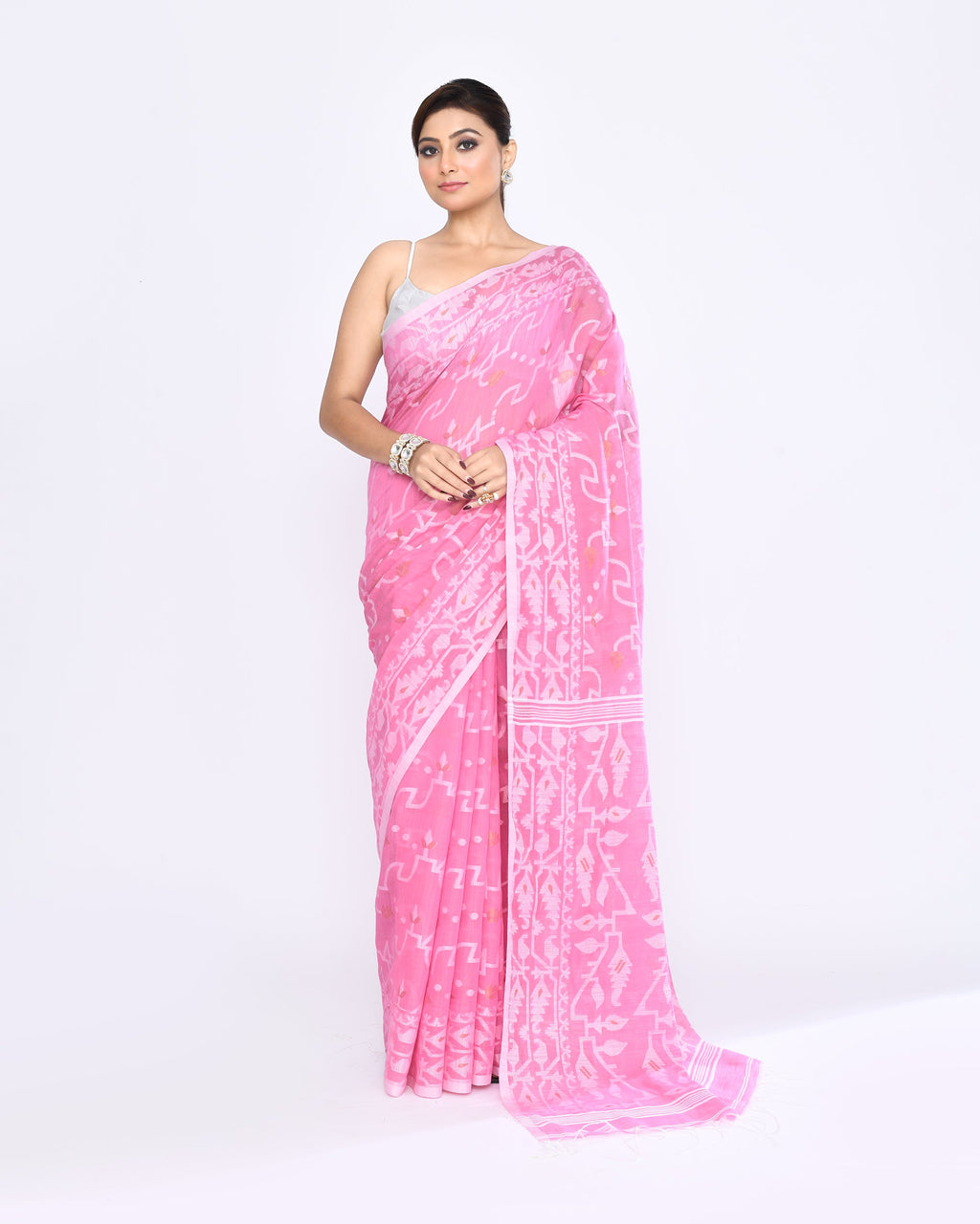 Piyari Fashion Women's Pink Embellished Cotton Blend Jamdani Saree - Distacart