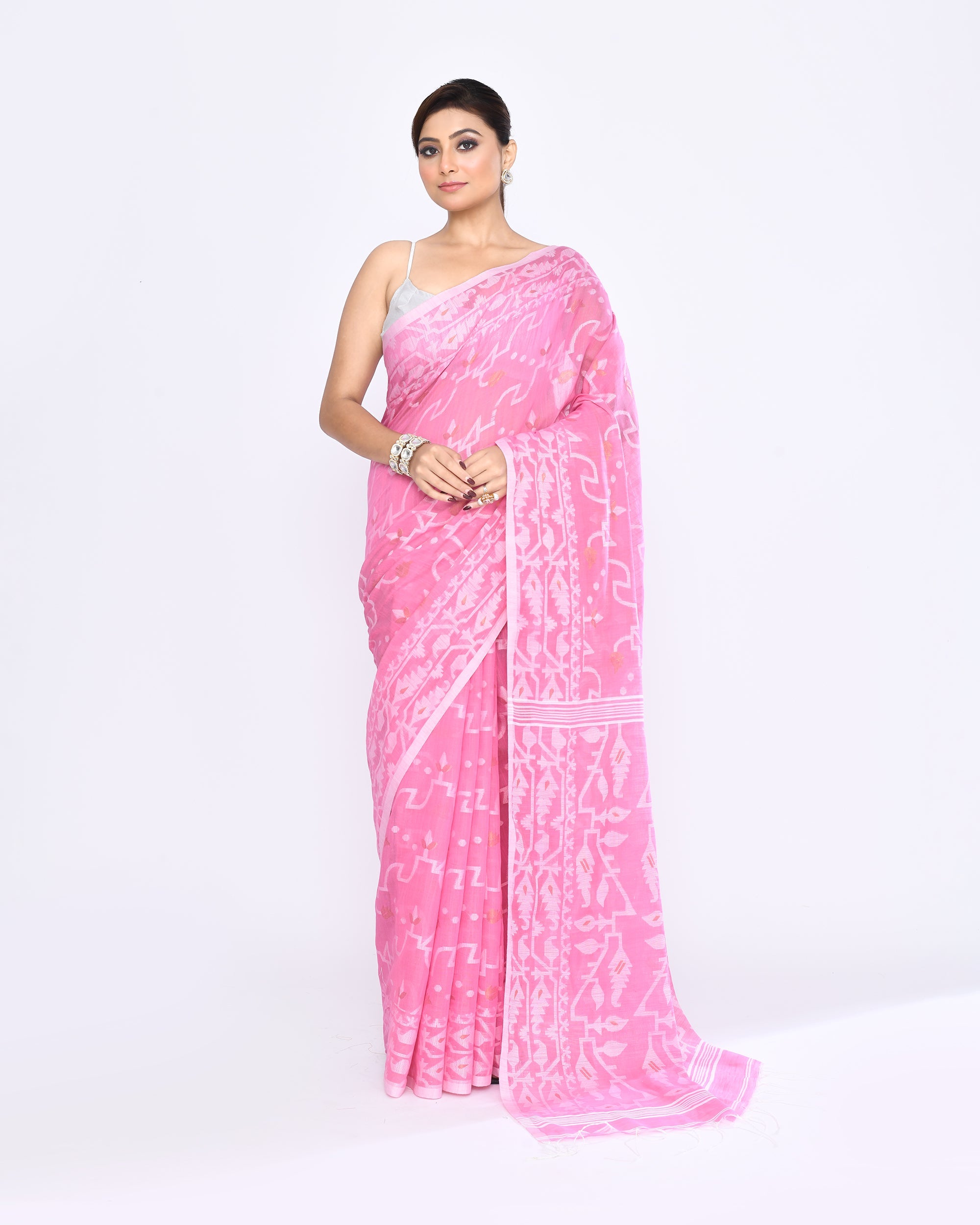 Piyari Fashion Women's Pink Embellished Cotton Blend Jamdani Saree - Distacart