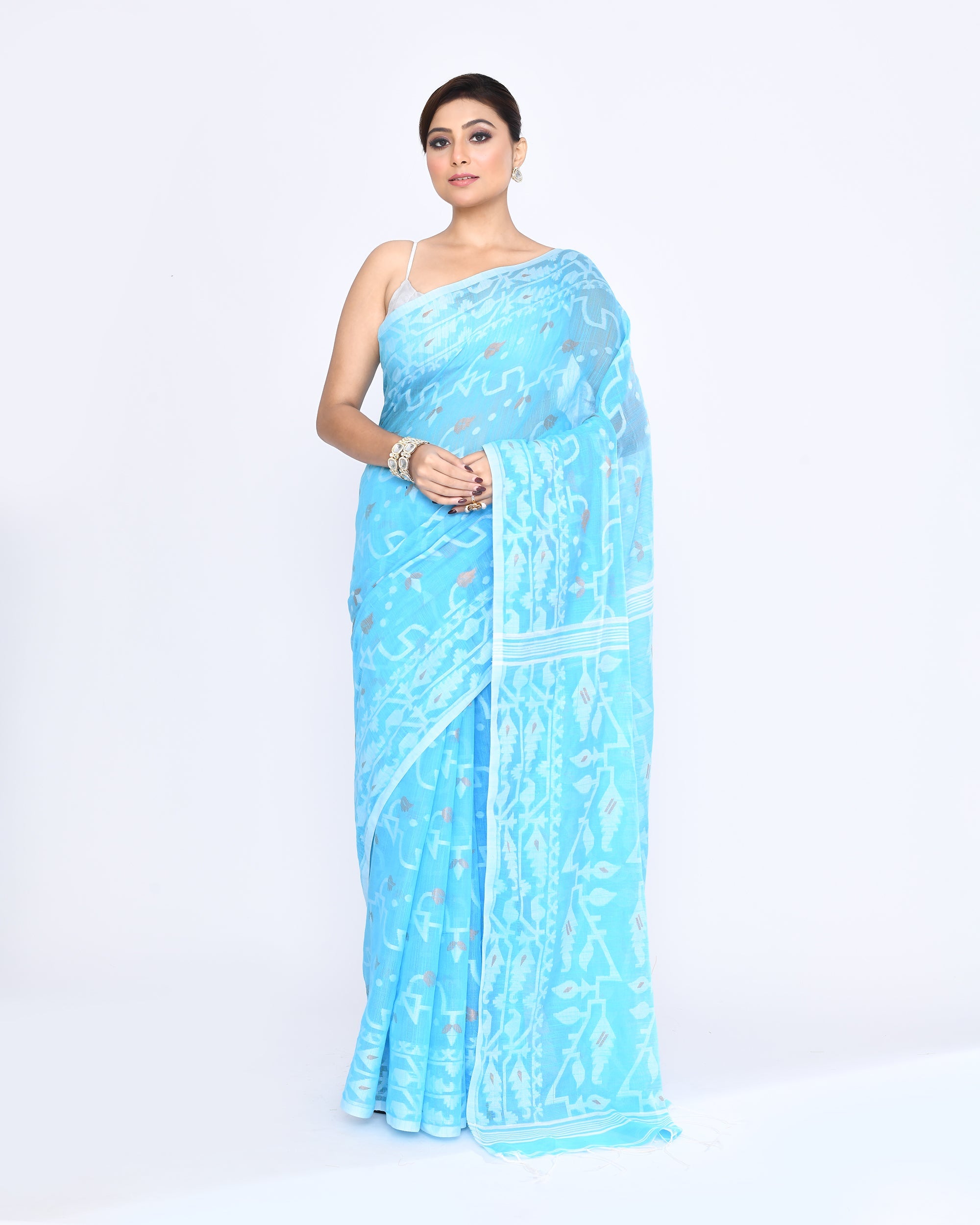 Piyari Fashion Women's Turquoise Embellished Cotton Blend Jamdani Saree - Distacart