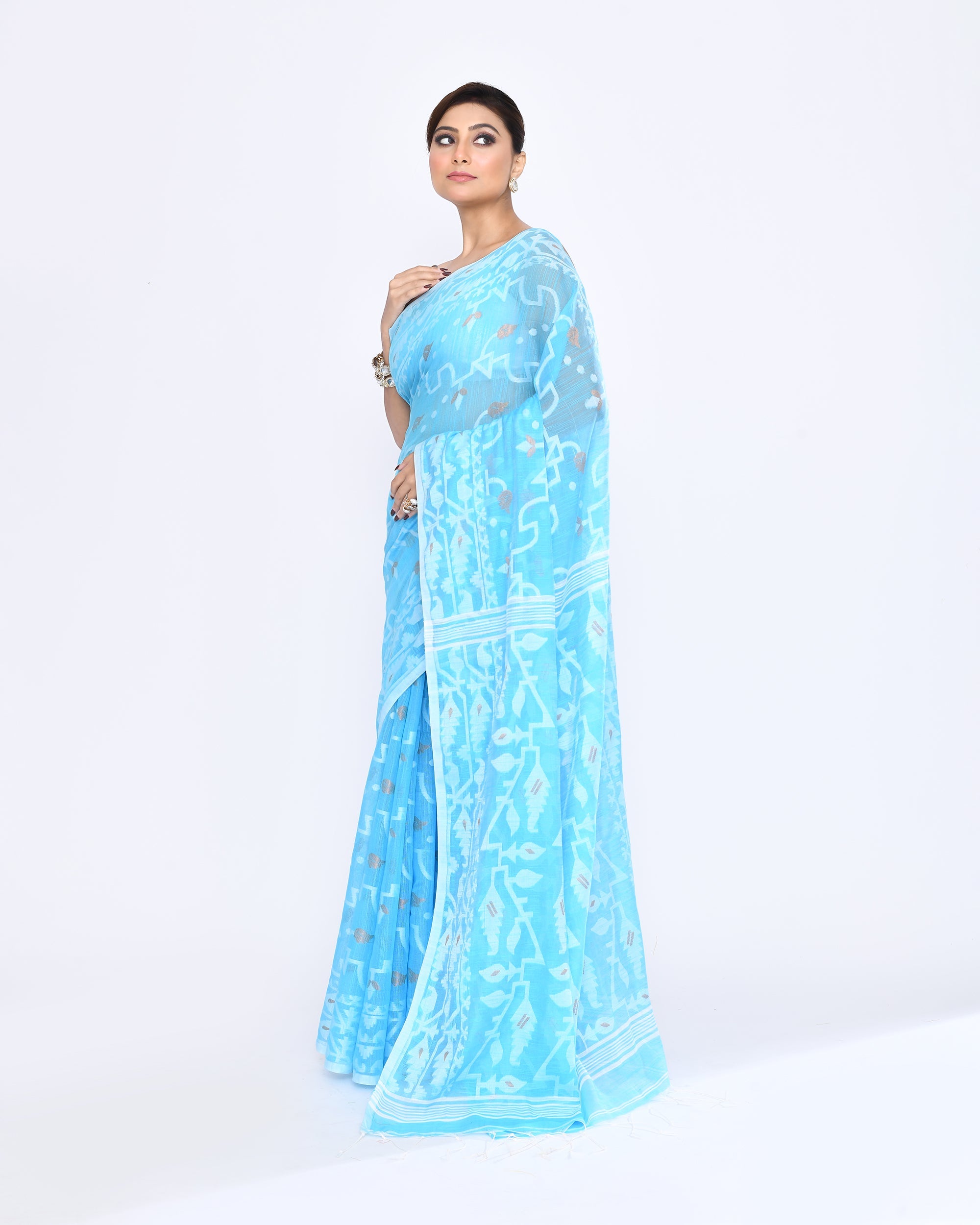Piyari Fashion Women's Turquoise Embellished Cotton Blend Jamdani Saree - Distacart