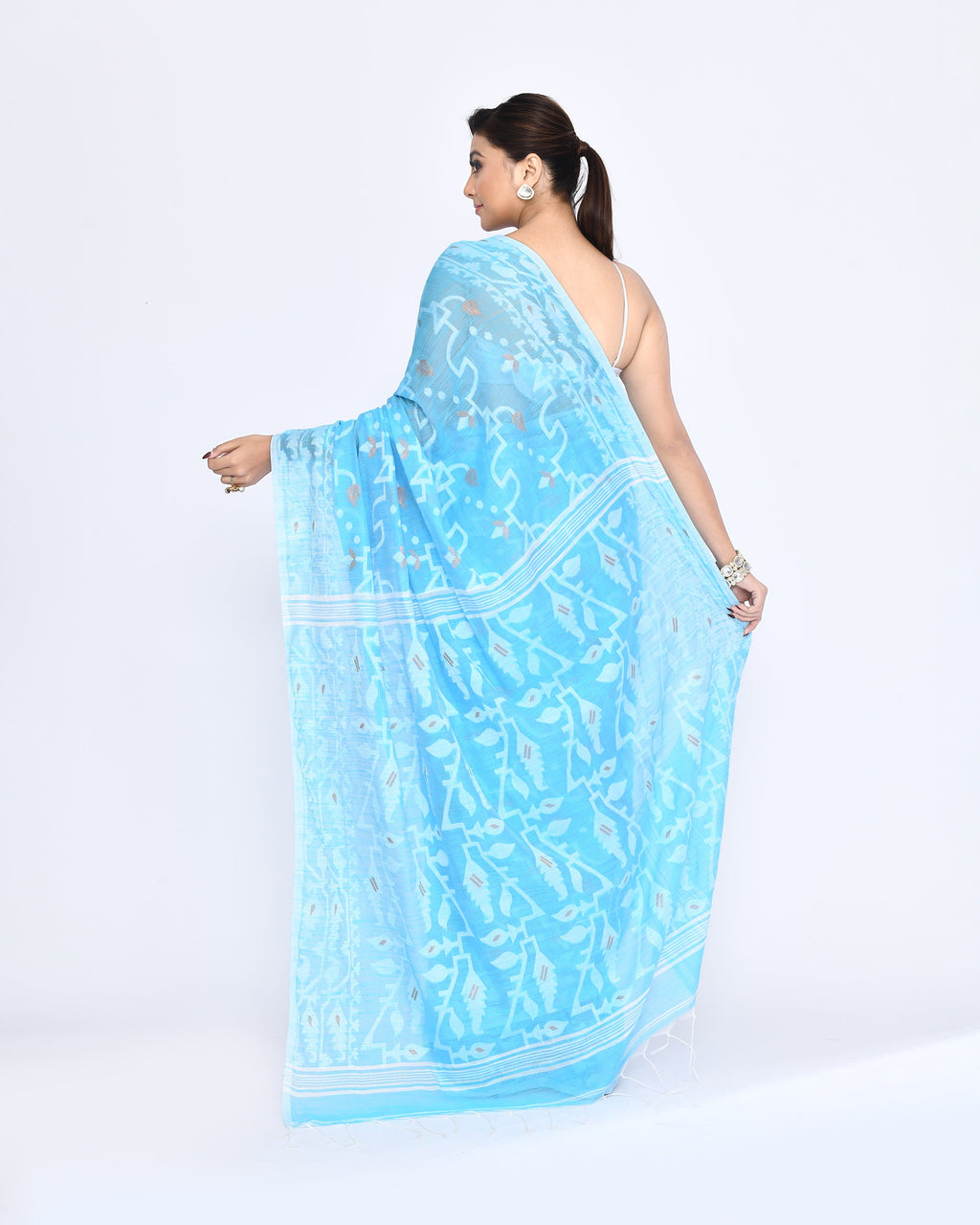 Piyari Fashion Women's Turquoise Embellished Cotton Blend Jamdani Saree - Distacart