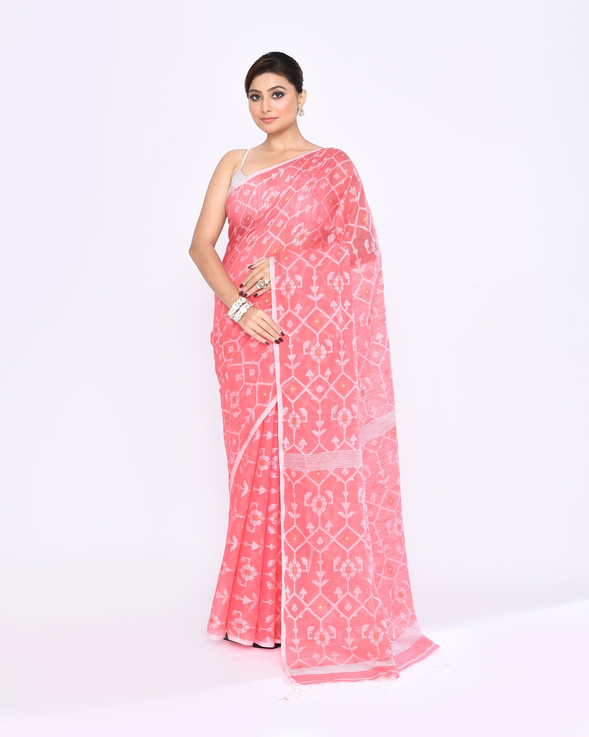 Piyari Fashion Women's Salmon Embellished Cotton Blend Jamdani Saree - Distacart