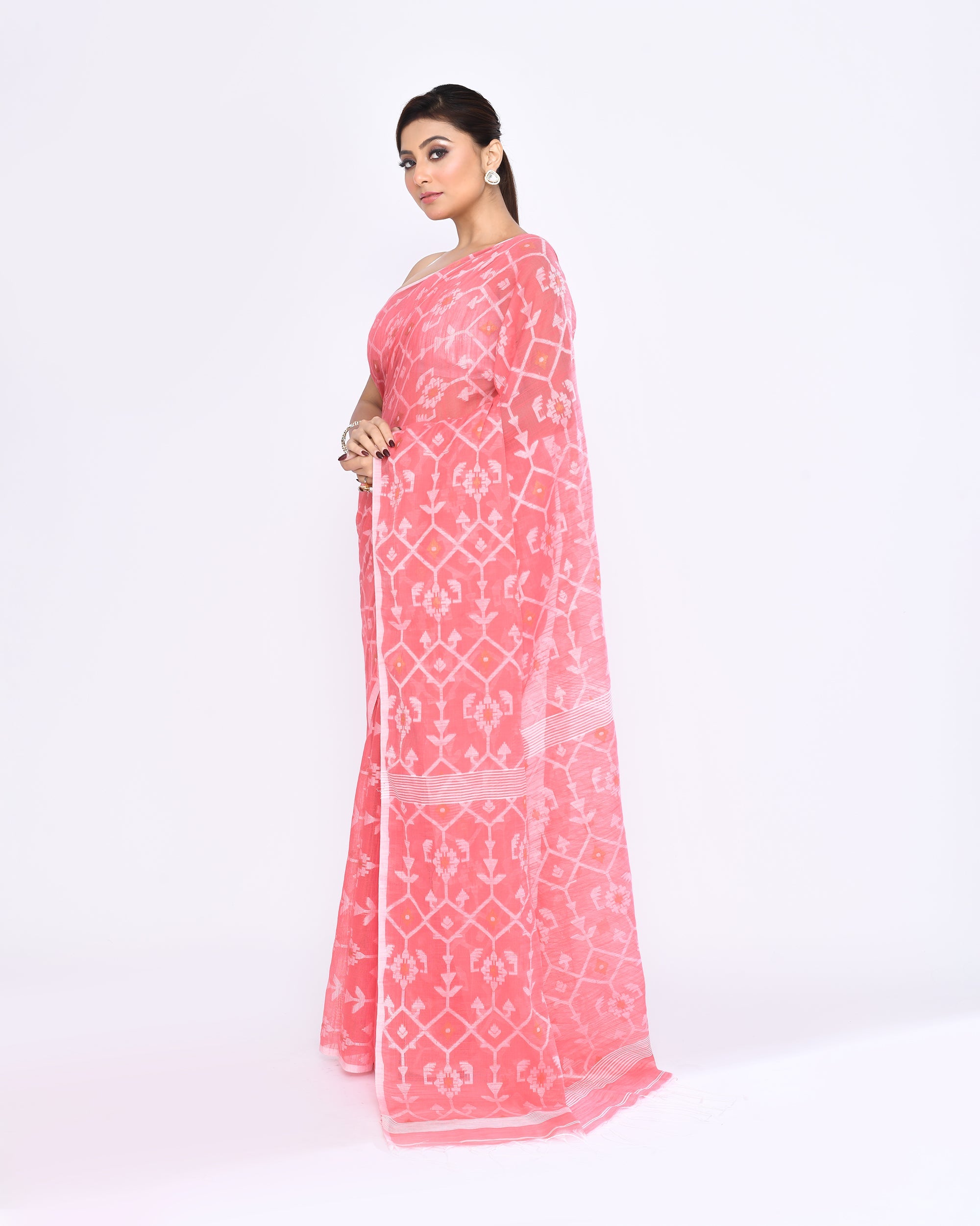 Piyari Fashion Women's Salmon Embellished Cotton Blend Jamdani Saree - Distacart