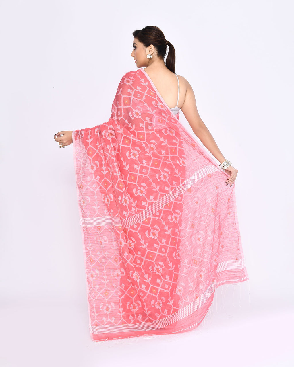 Piyari Fashion Women's Salmon Embellished Cotton Blend Jamdani Saree - Distacart