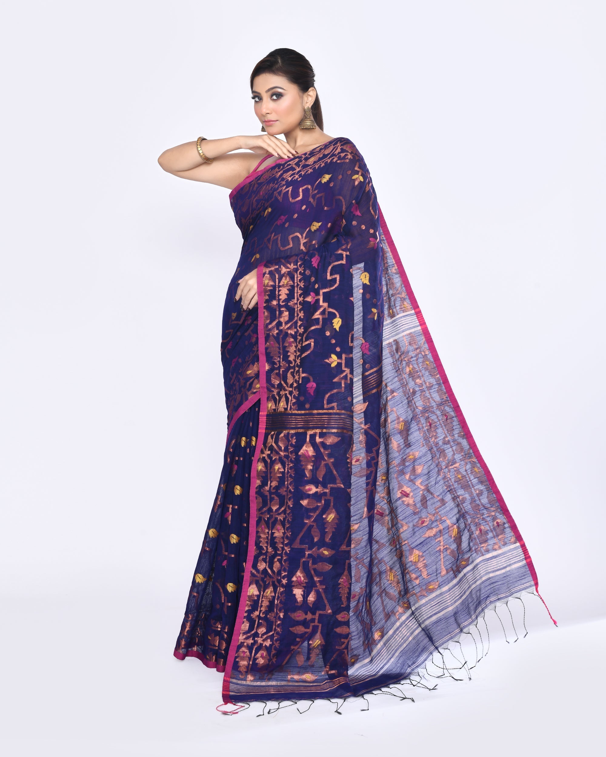 Piyari Fashion Women's Blue Embellished Cotton Blend Jamdani Saree - Distacart