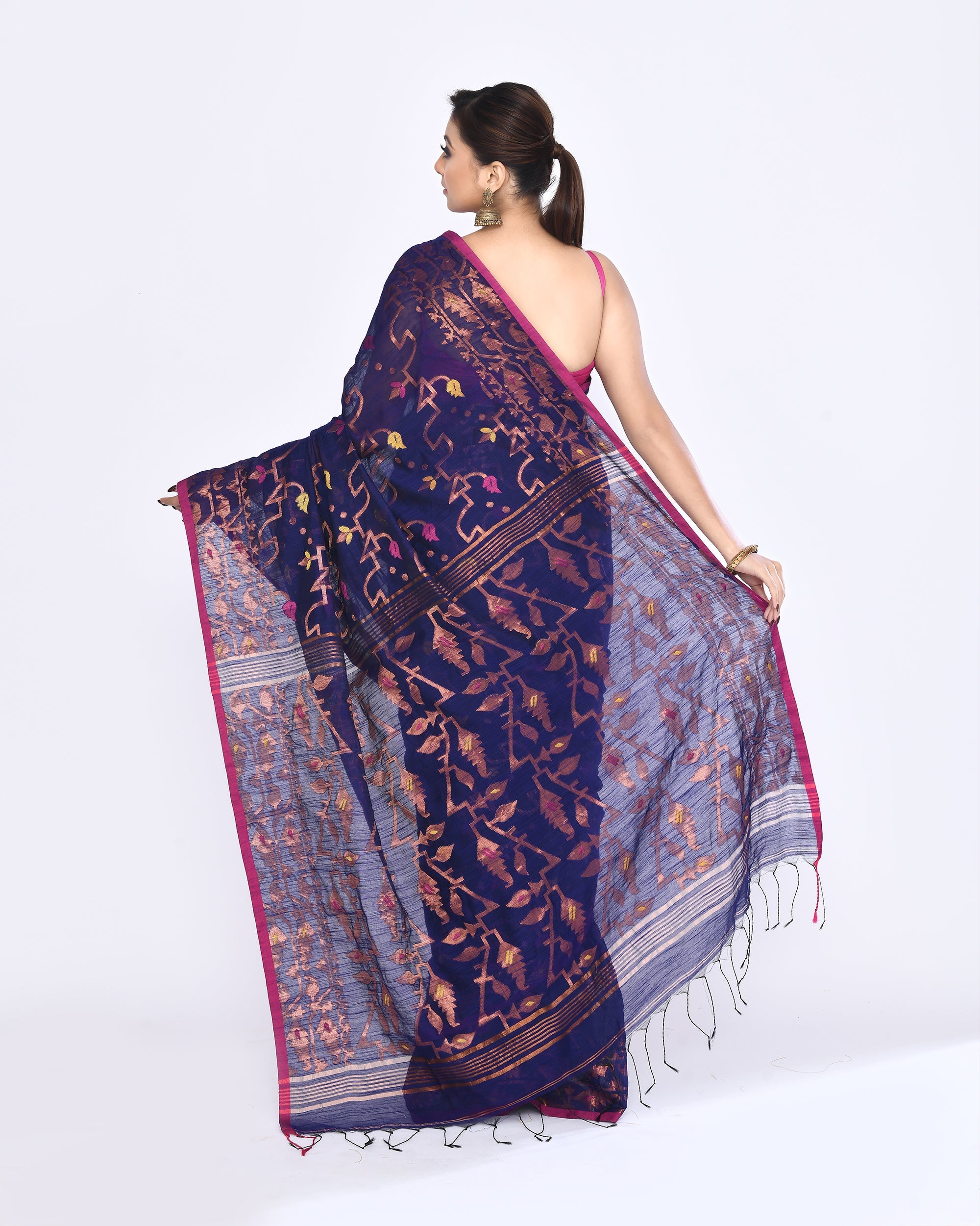Piyari Fashion Women's Blue Embellished Cotton Blend Jamdani Saree - Distacart