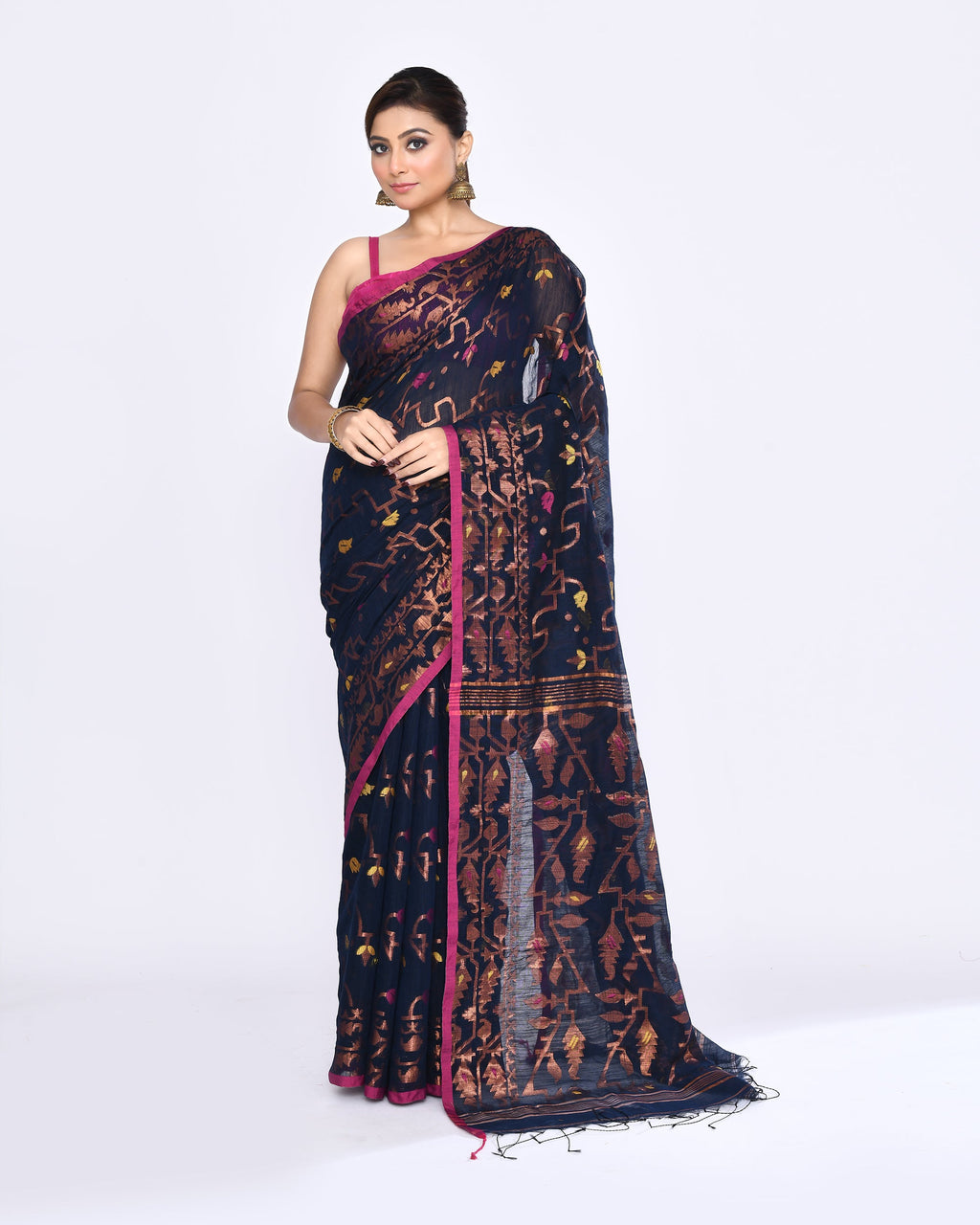 Piyari Fashion Women's Navy Blue Embellished Cotton Blend Jamdani Saree - Distacart