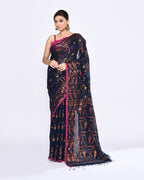 Piyari Fashion Women's Navy Blue Embellished Cotton Blend Jamdani Saree - Distacart