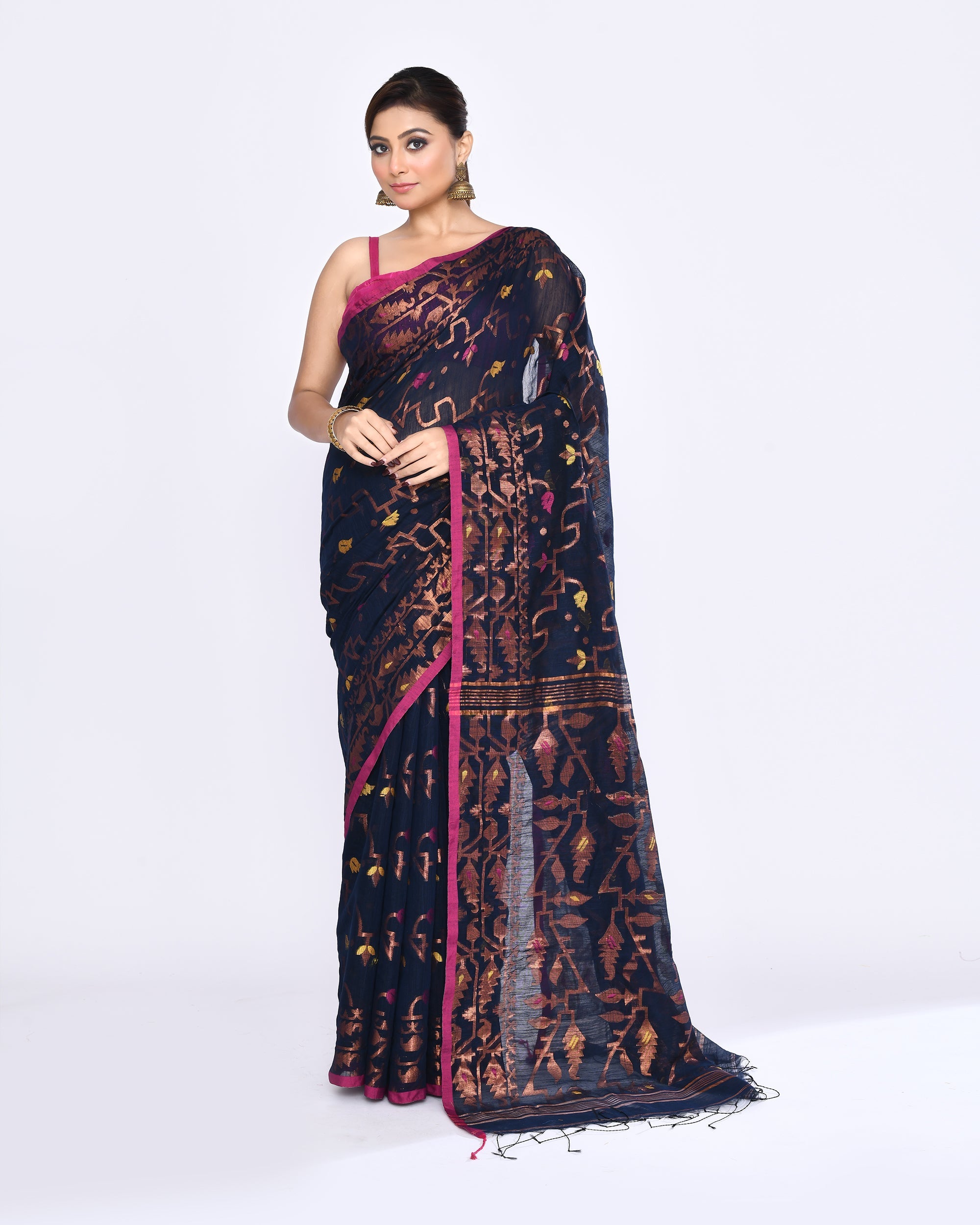 Piyari Fashion Women's Navy Blue Embellished Cotton Blend Jamdani Saree - Distacart