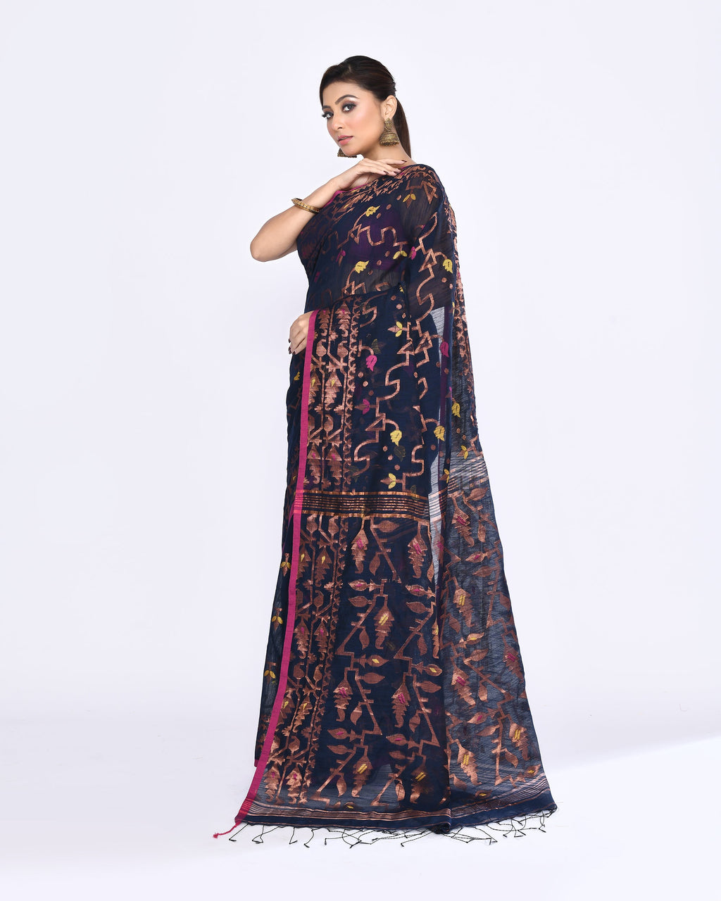 Piyari Fashion Women's Navy Blue Embellished Cotton Blend Jamdani Saree - Distacart