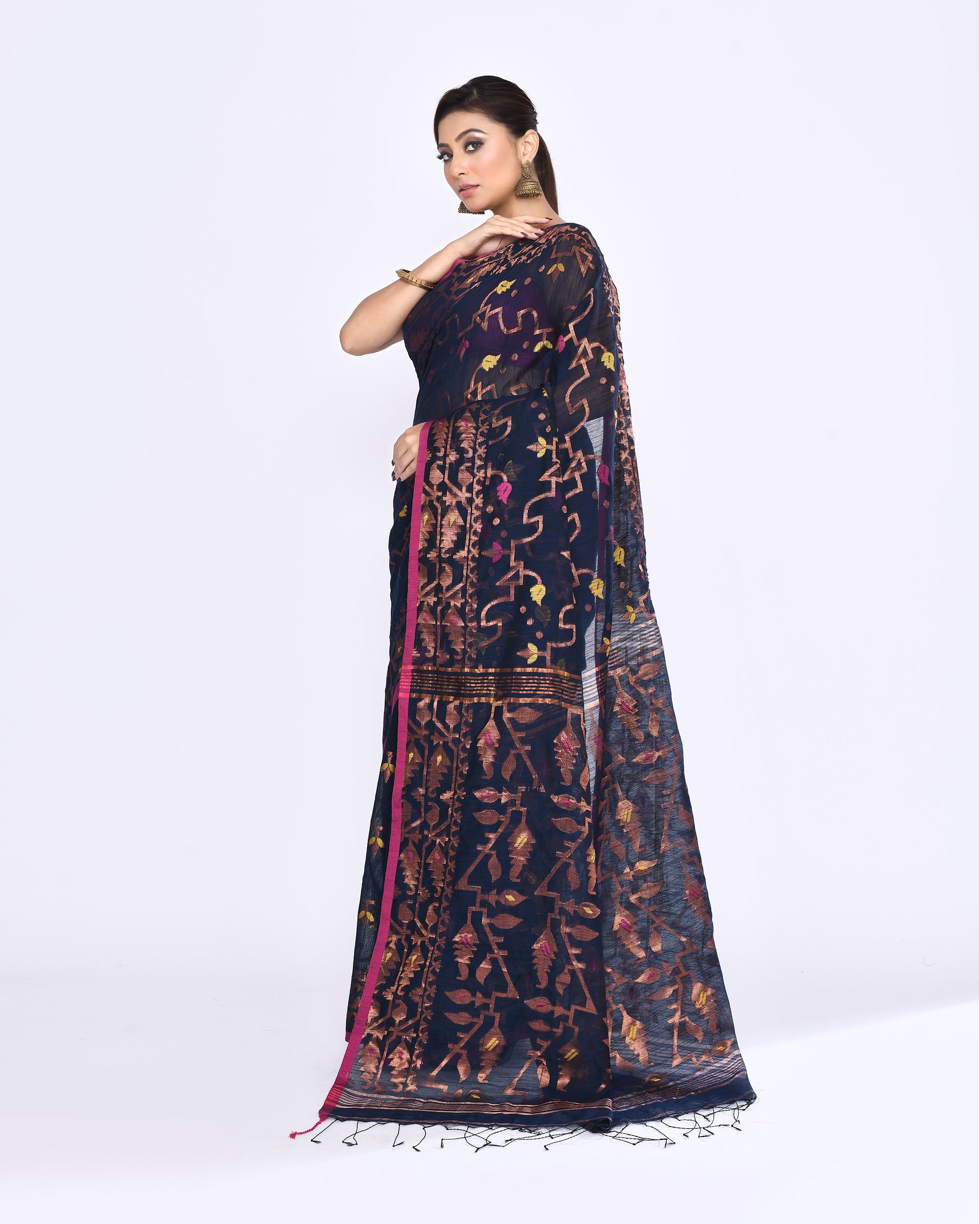 Piyari Fashion Women's Navy Blue Embellished Cotton Blend Jamdani Saree - Distacart