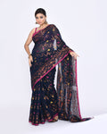 Piyari Fashion Women's Navy Blue Embellished Cotton Blend Jamdani Saree - Distacart