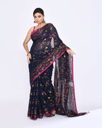 Piyari Fashion Women's Navy Blue Embellished Cotton Blend Jamdani Saree - Distacart