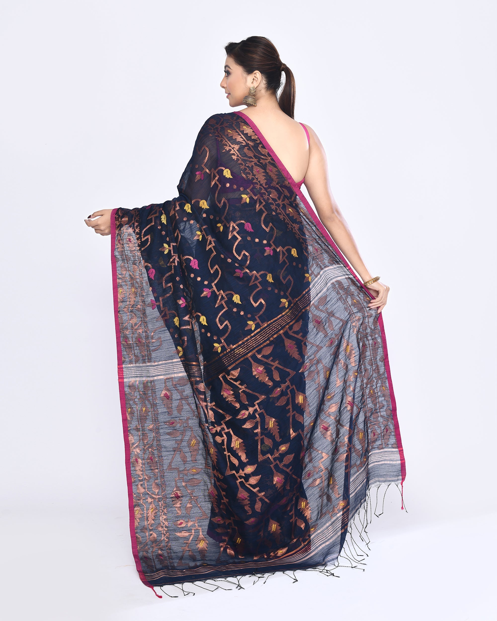 Piyari Fashion Women's Navy Blue Embellished Cotton Blend Jamdani Saree - Distacart