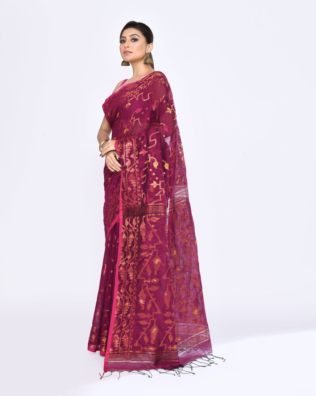 Piyari Fashion Women's Pink Embellished Cotton Blend Jamdani Saree - Distacart