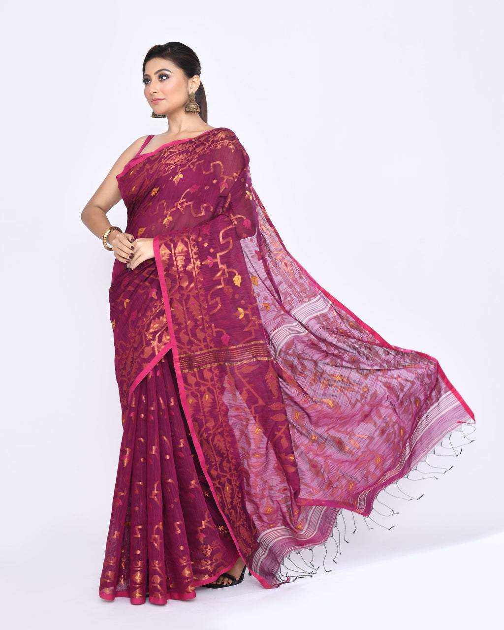 Piyari Fashion Women's Pink Embellished Cotton Blend Jamdani Saree - Distacart