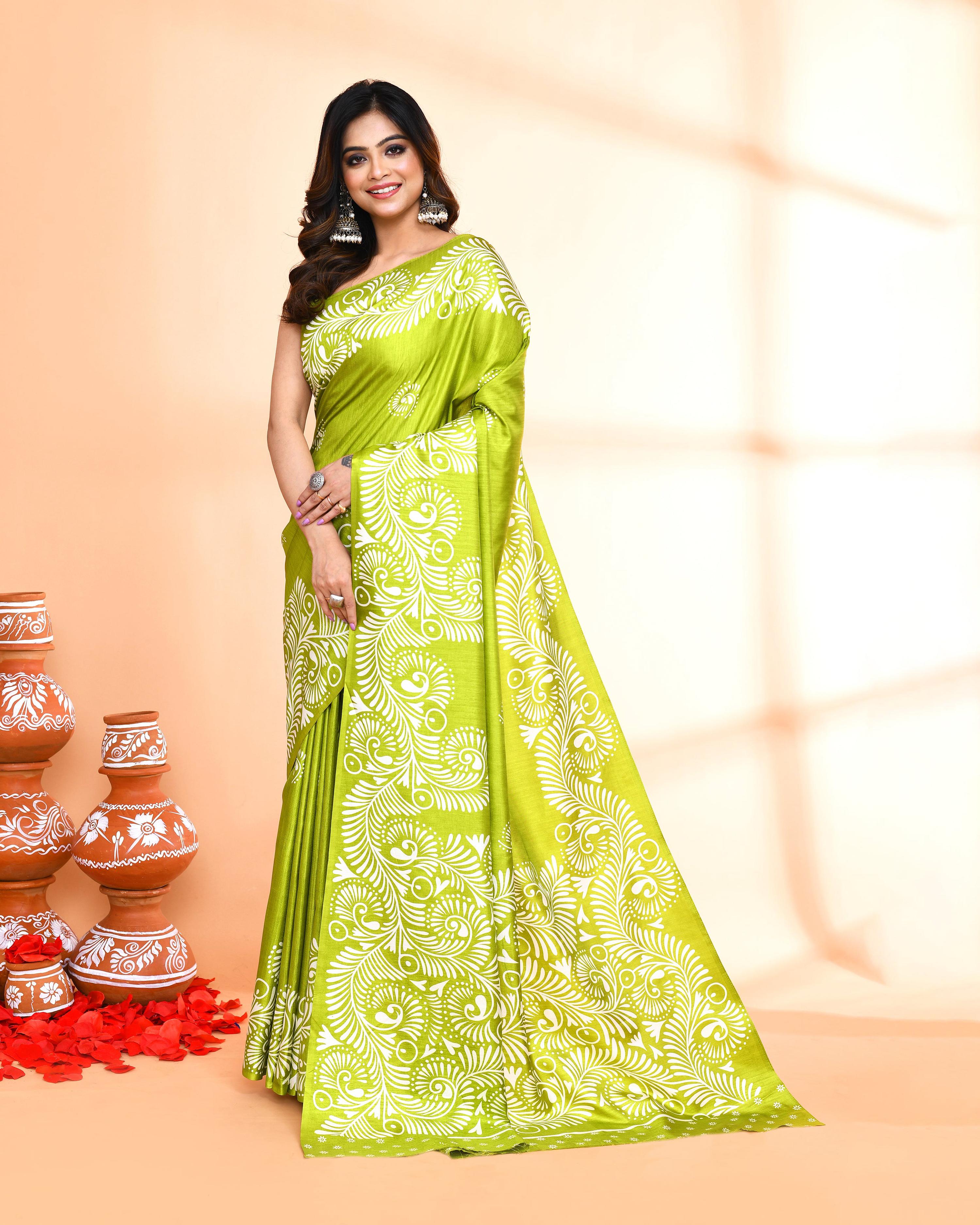 Piyari Fashion PIyari Fashion Olive Printed Saree With Blouse - Distacart