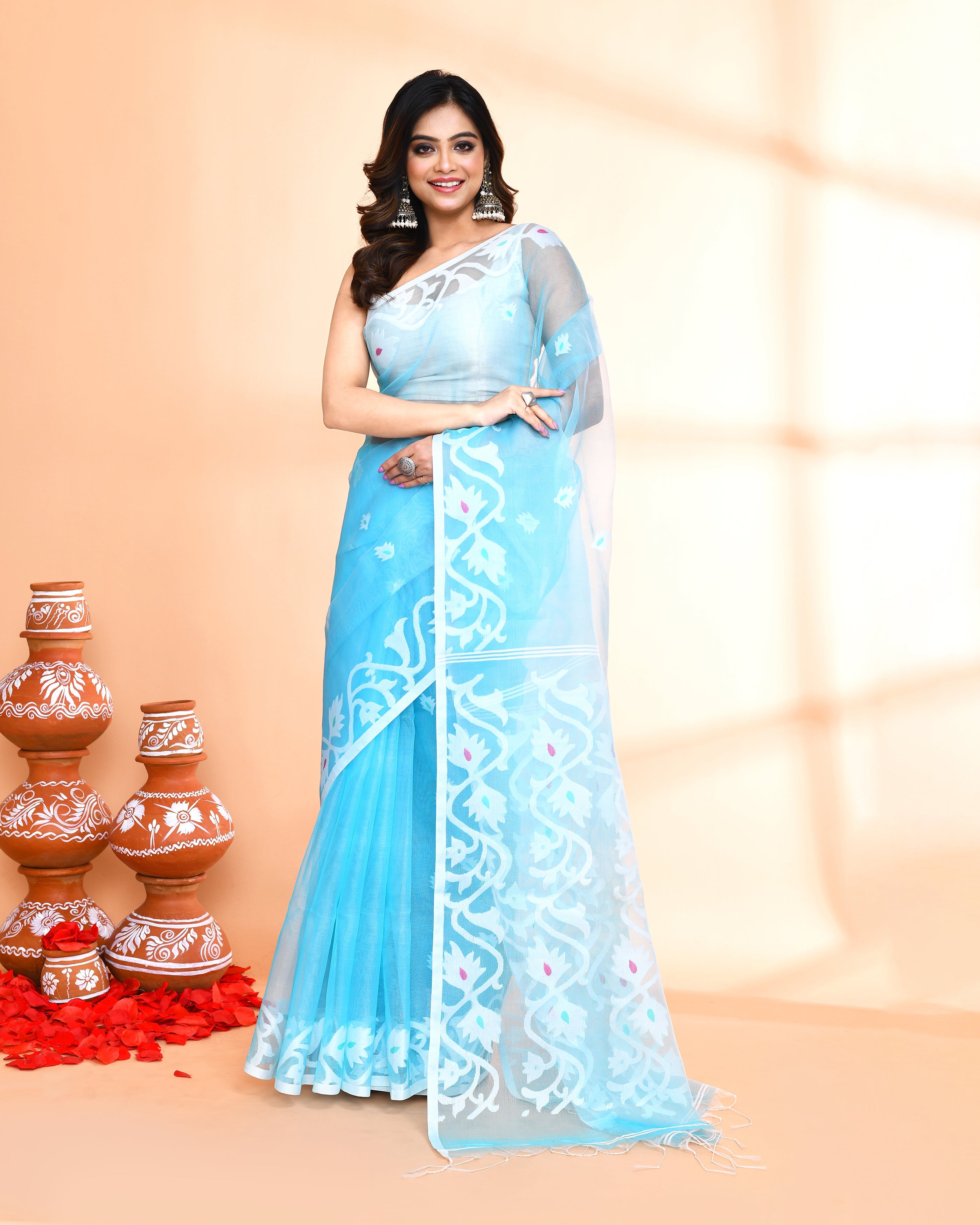 Piyari Fashion Women`s Aqua Hand Work Art Silk Jamdani Saree With Blouse - Distacart