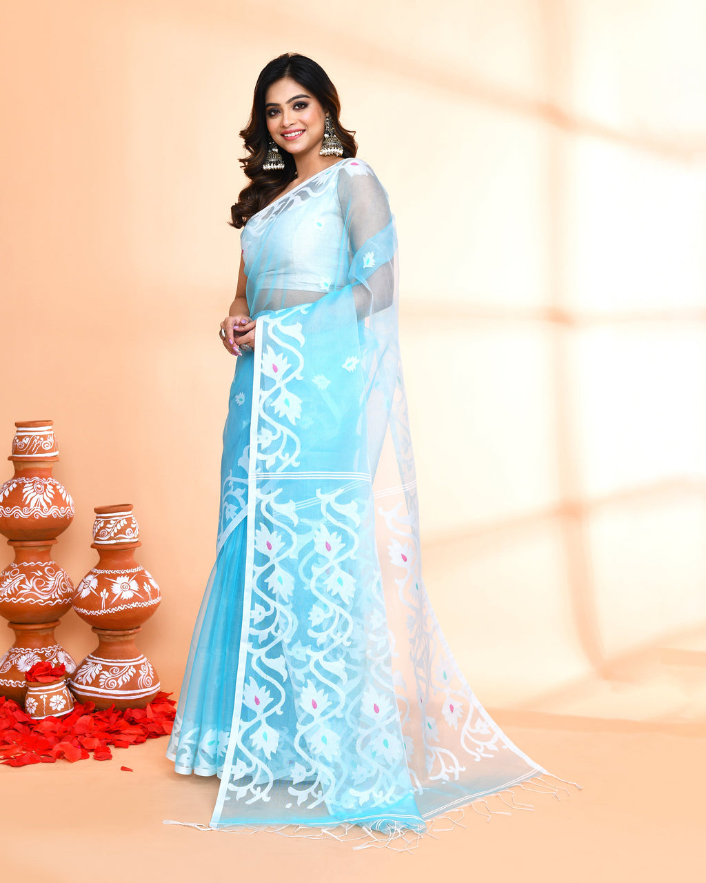 Piyari Fashion Women`s Aqua Hand Work Art Silk Jamdani Saree With Blouse - Distacart