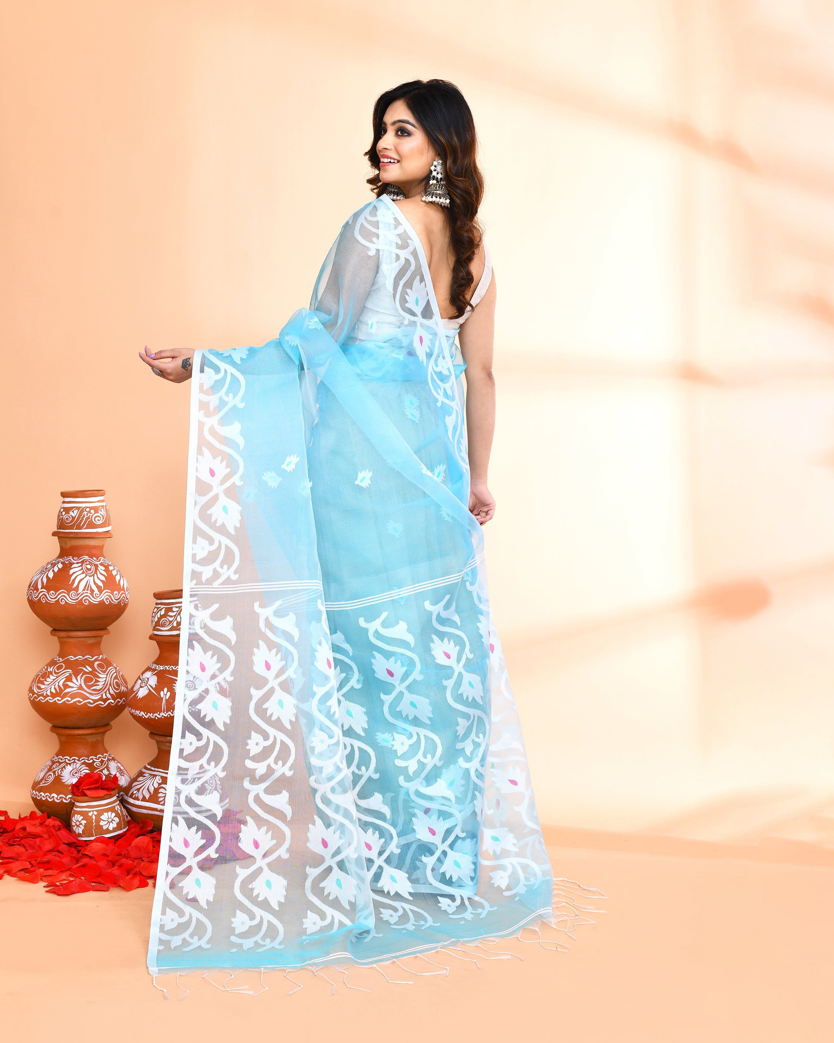 Piyari Fashion Women`s Aqua Hand Work Art Silk Jamdani Saree With Blouse - Distacart