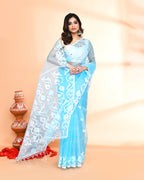 Piyari Fashion Women`s Aqua Hand Work Art Silk Jamdani Saree With Blouse - Distacart