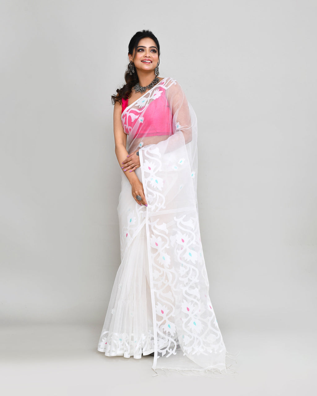 Piyari Fashion Women`s White Hand Work Art Silk Jamdani Saree With Blouse - Distacart