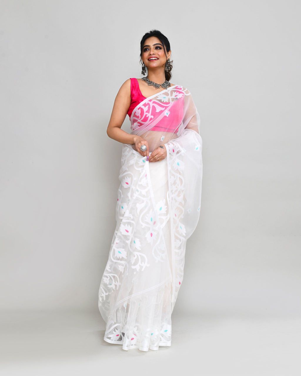 Piyari Fashion Women`s White Hand Work Art Silk Jamdani Saree With Blouse - Distacart