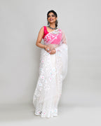 Piyari Fashion Women`s White Hand Work Art Silk Jamdani Saree With Blouse - Distacart