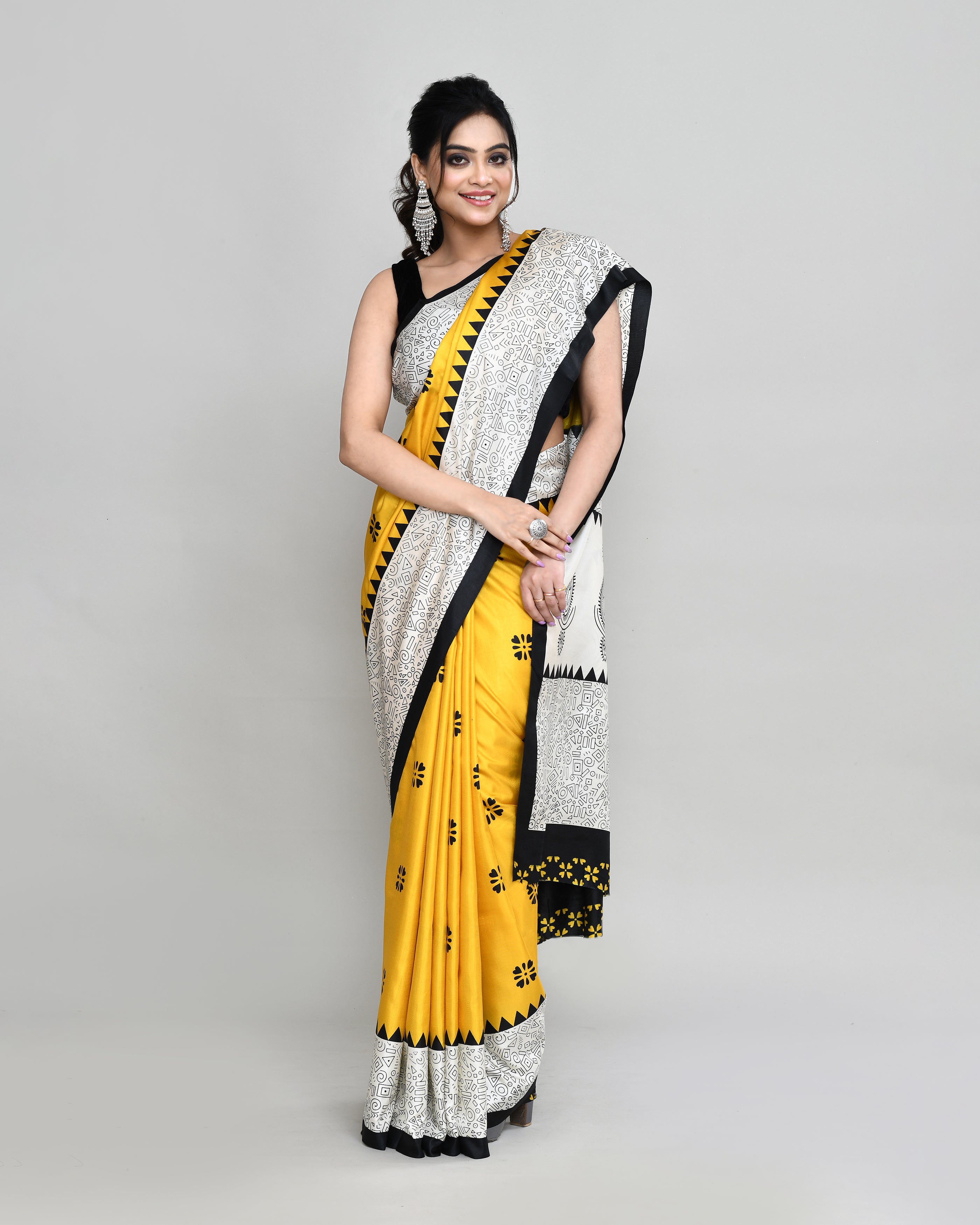 Piyari Fashion PIyari Fashion Golden Printed Saree With Blouse - Distacart