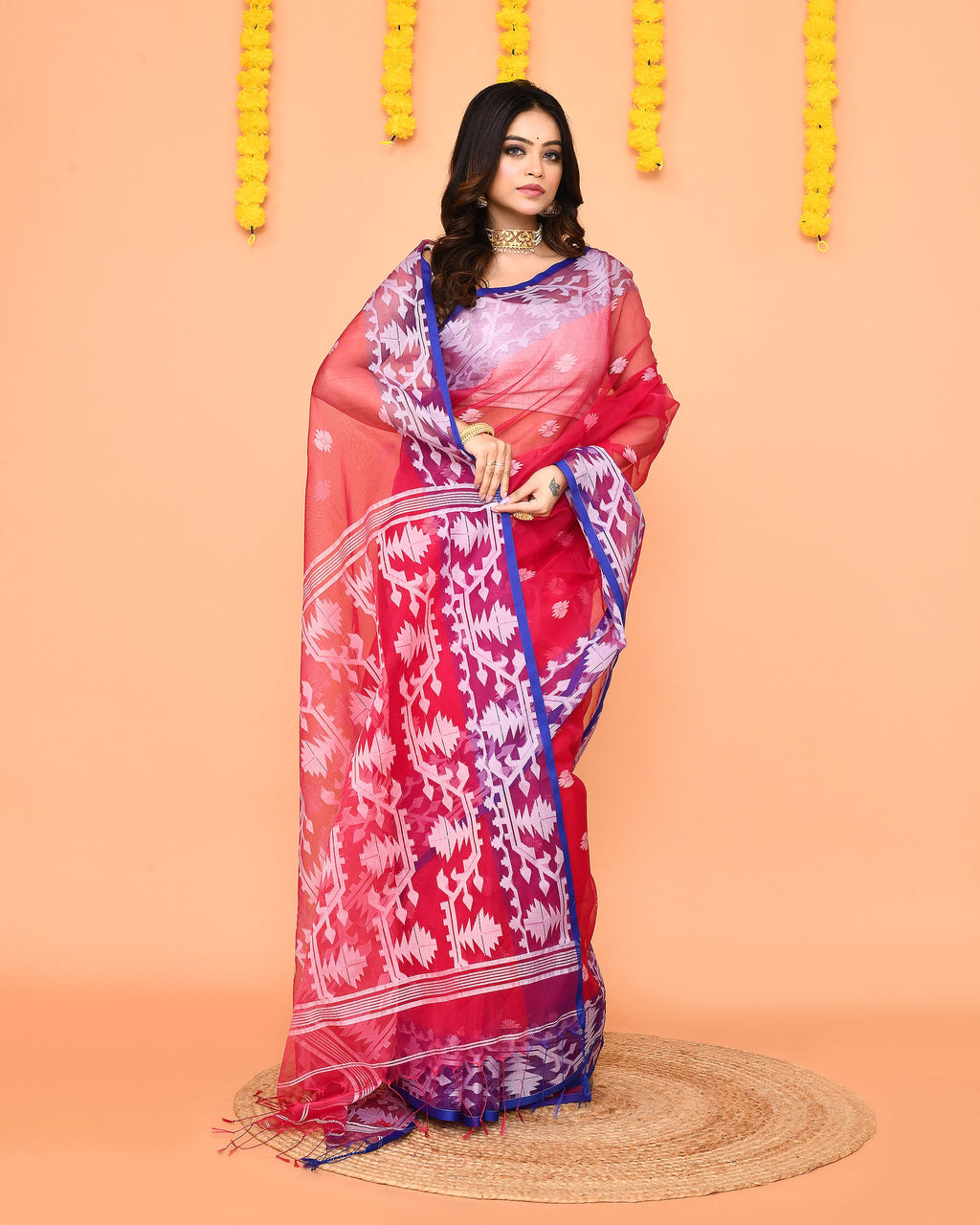 Piyari Fashion Women's Rani Pink Resham Silk Jamdani Saree - Distacart