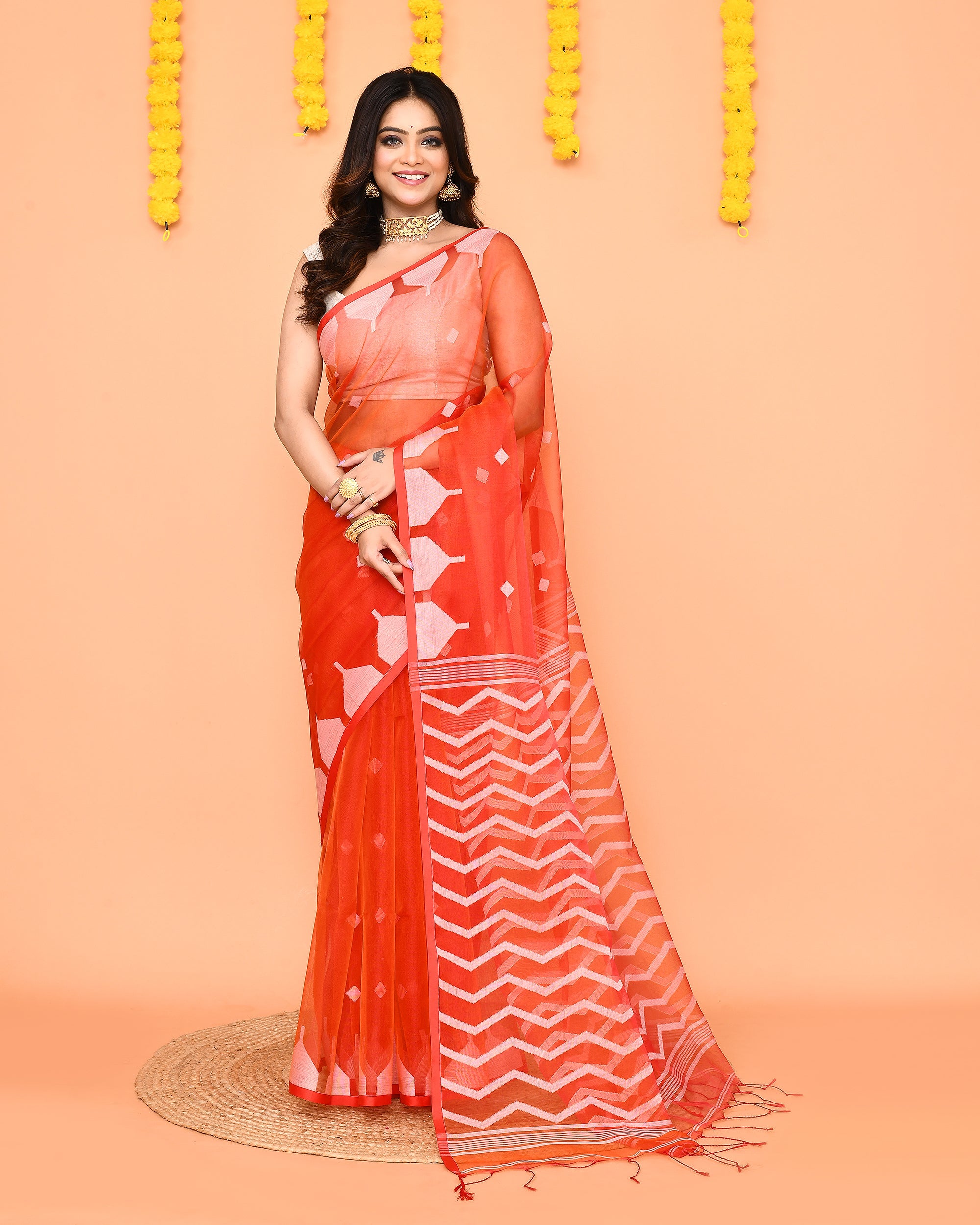 Piyari Fashion Women's Orange Resham Silk Jamdani Saree - Distacart