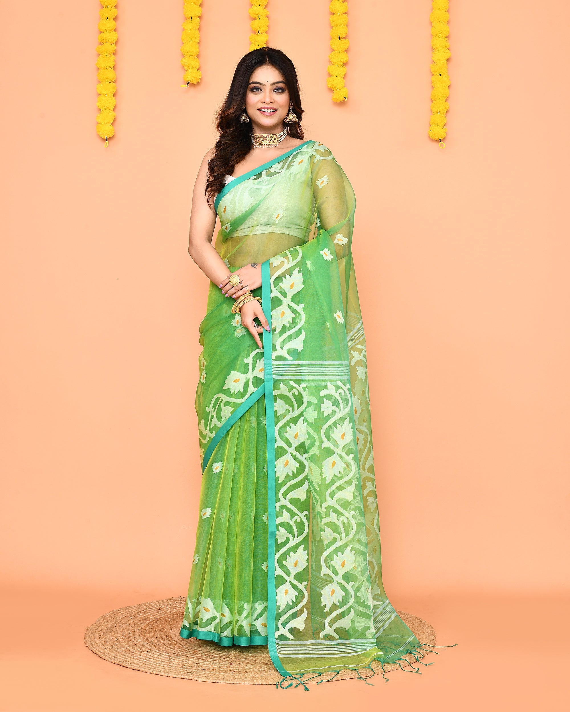 Piyari Fashion Women's Green Resham Silk Jamdani Saree - Distacart