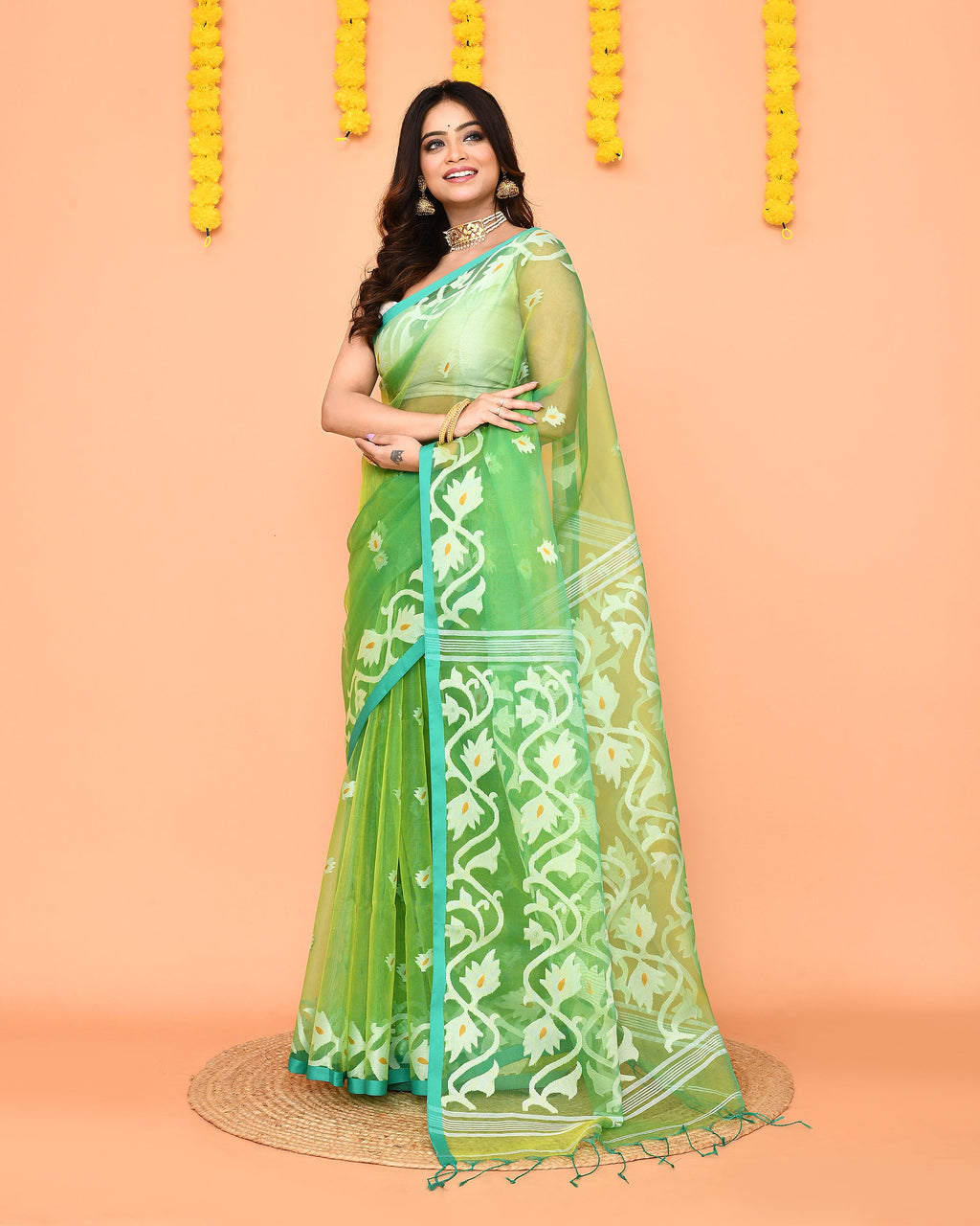 Piyari Fashion Women's Green Resham Silk Jamdani Saree - Distacart