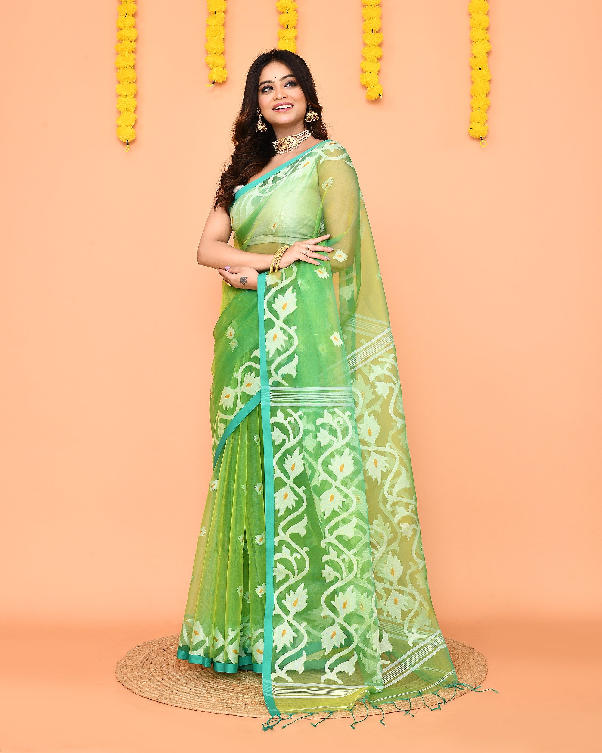 Piyari Fashion Women's Green Resham Silk Jamdani Saree - Distacart