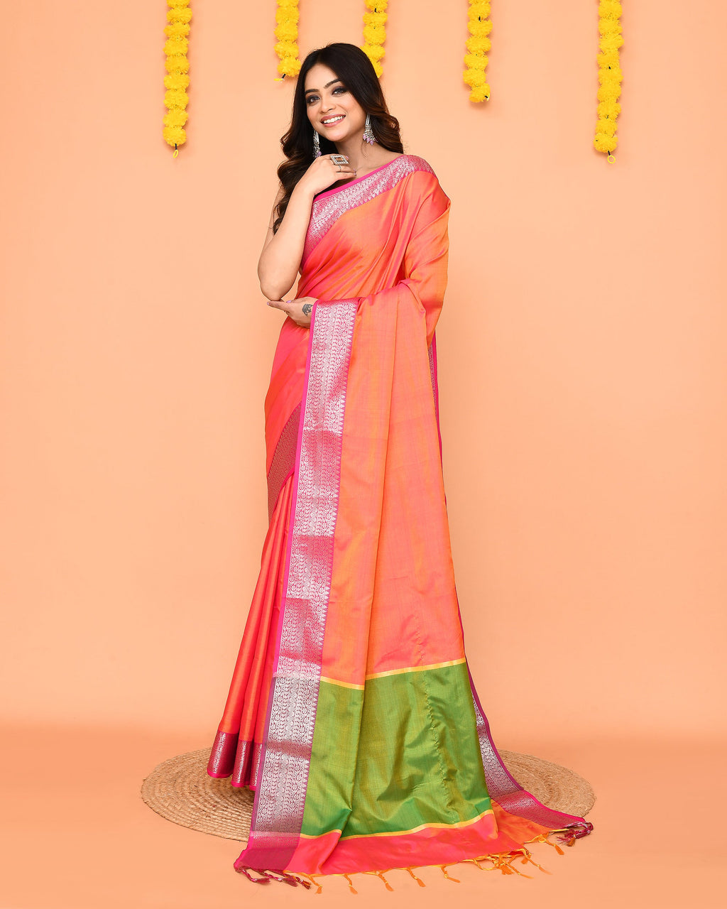 Piyari Fashion Women's Handloom Pink Orange Dual Tone Bangalore Silk Saree With Zari Border - Distacart