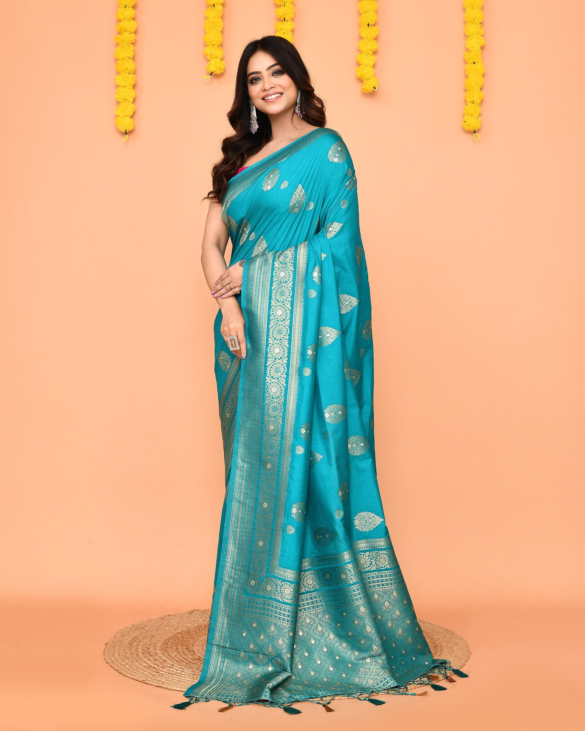 Piyari Fashion Women's Handloom Turquoise Bangalore Silk Saree With Zari Border - Distacart