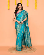 Piyari Fashion Women's Handloom Turquoise Bangalore Silk Saree With Zari Border - Distacart