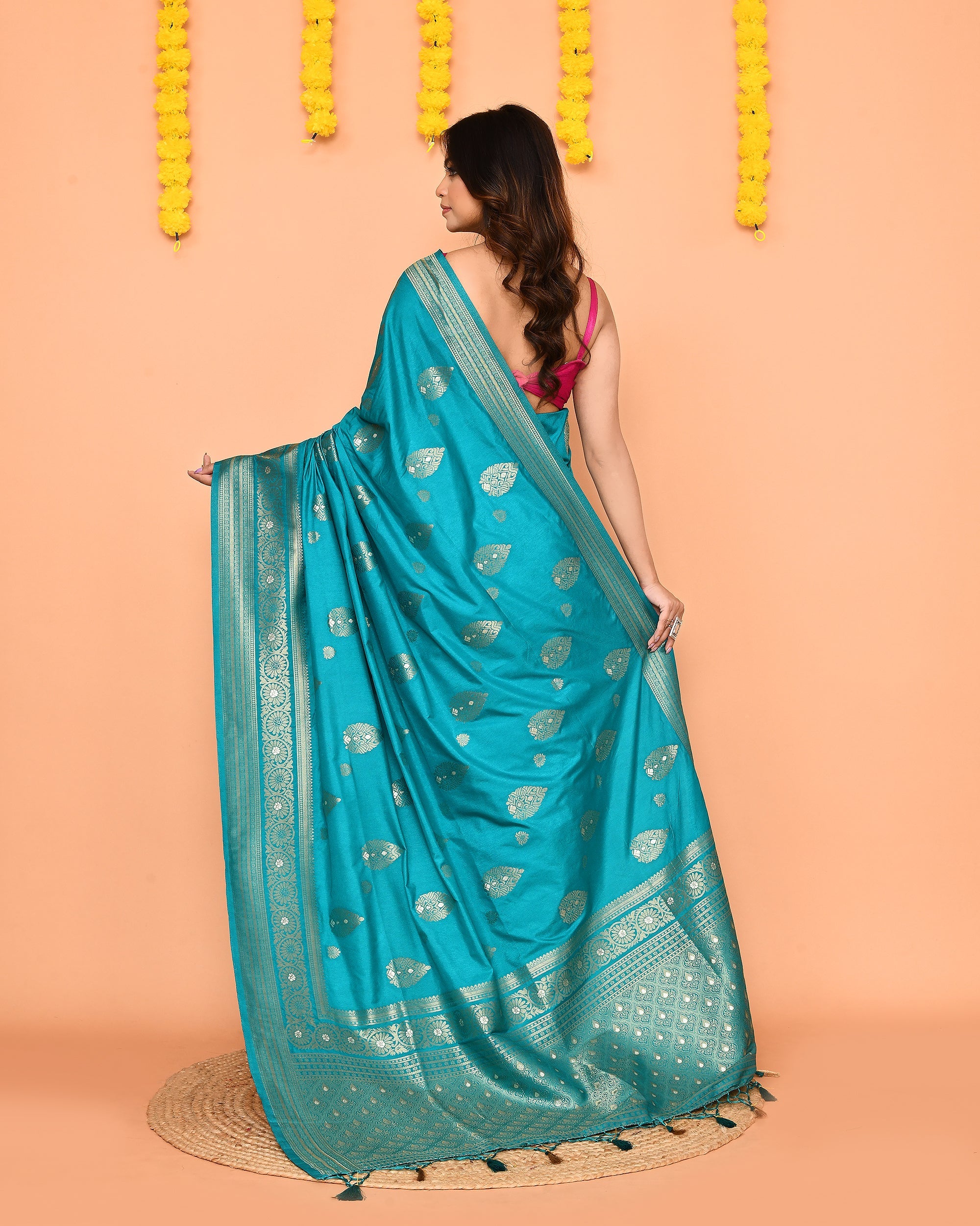 Piyari Fashion Women's Handloom Turquoise Bangalore Silk Saree With Zari Border - Distacart