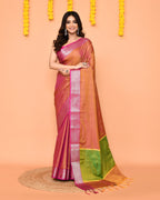Piyari Fashion Women's Handloom Pastel Pink Yellow Bangalore Silk Saree With Zari Border - Distacart