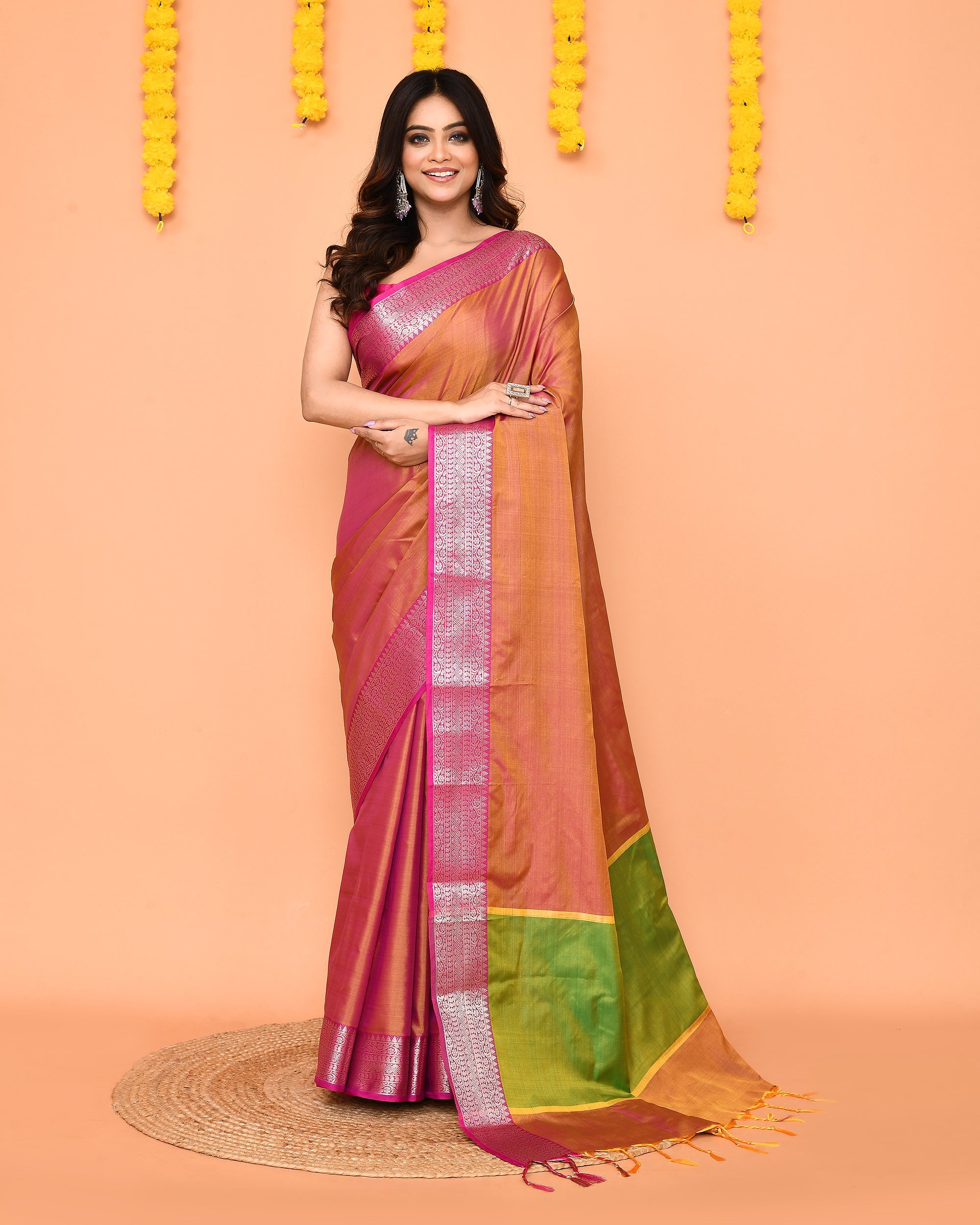 Piyari Fashion Women's Handloom Pastel Pink Yellow Bangalore Silk Saree With Zari Border - Distacart