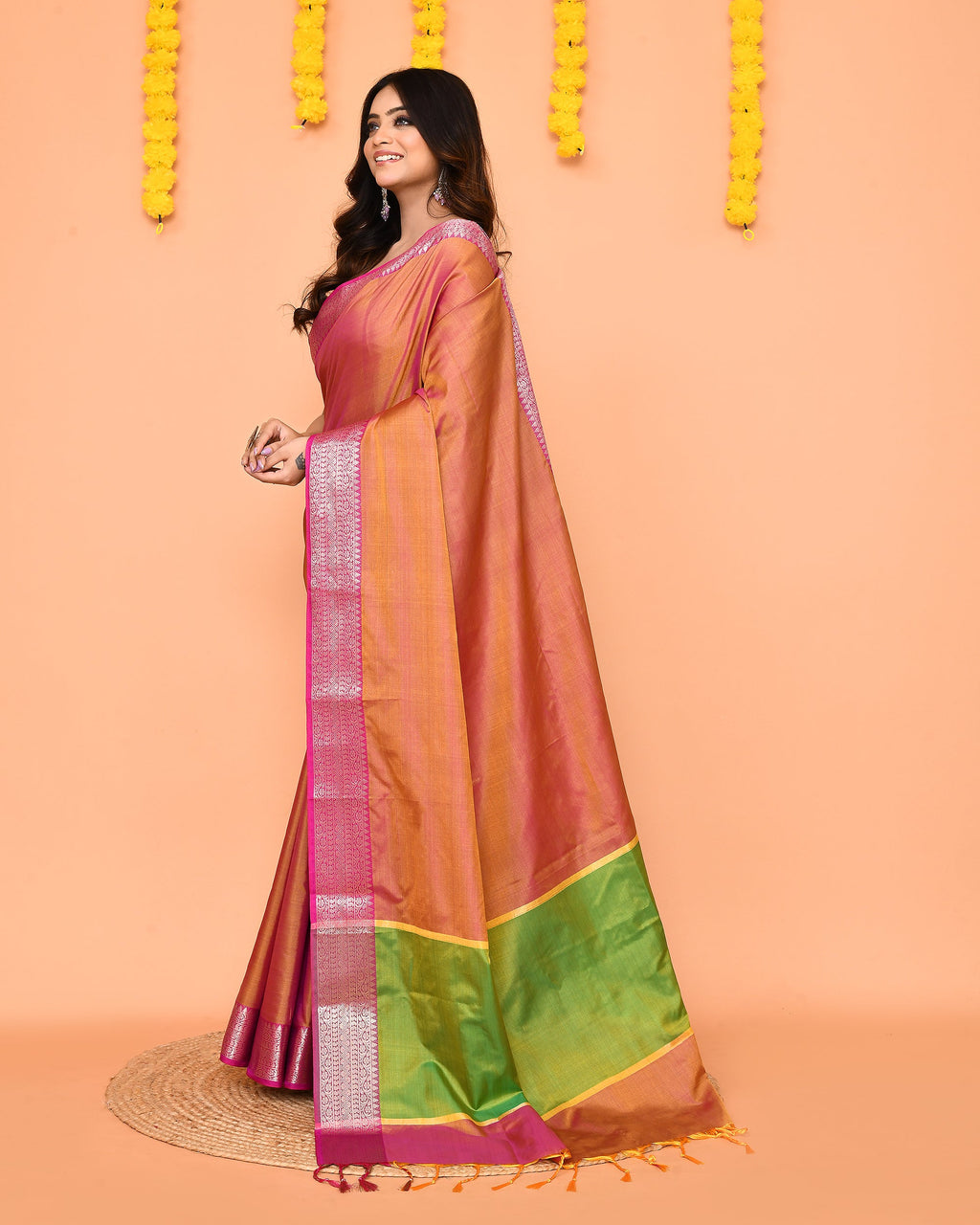 Piyari Fashion Women's Handloom Pastel Pink Yellow Bangalore Silk Saree With Zari Border - Distacart