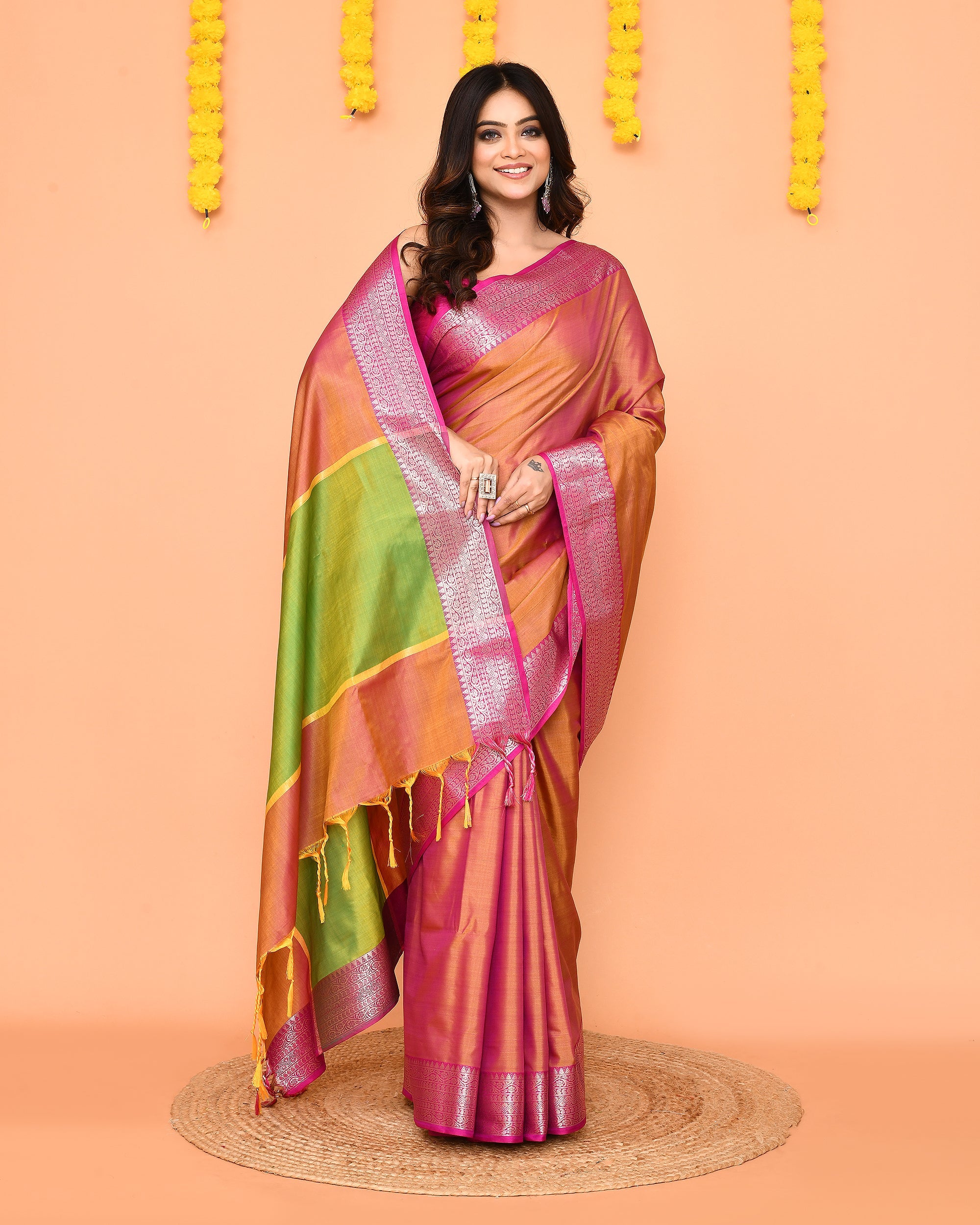 Piyari Fashion Women's Handloom Pastel Pink Yellow Bangalore Silk Saree With Zari Border - Distacart