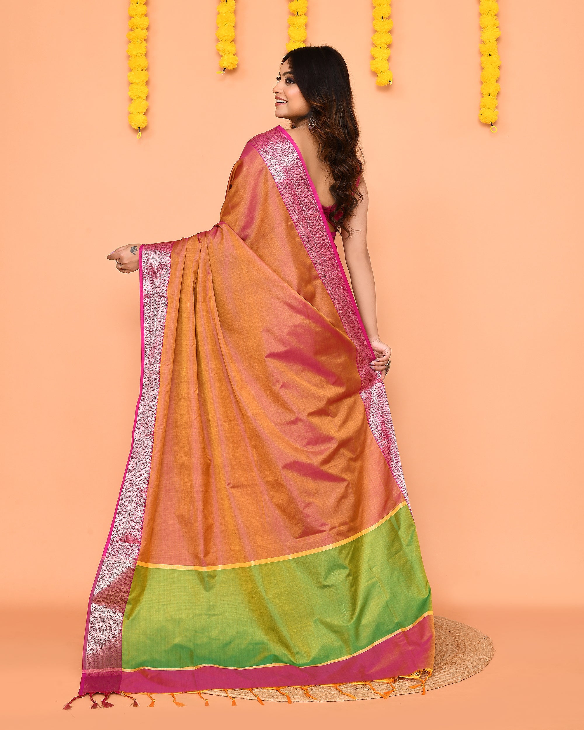 Piyari Fashion Women's Handloom Pastel Pink Yellow Bangalore Silk Saree With Zari Border - Distacart