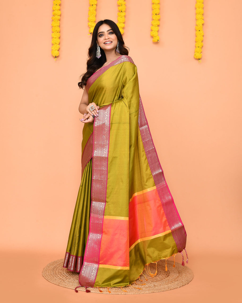 Piyari Fashion Women's Handloom Olive Bangalore Silk Saree With Zari Border - Distacart
