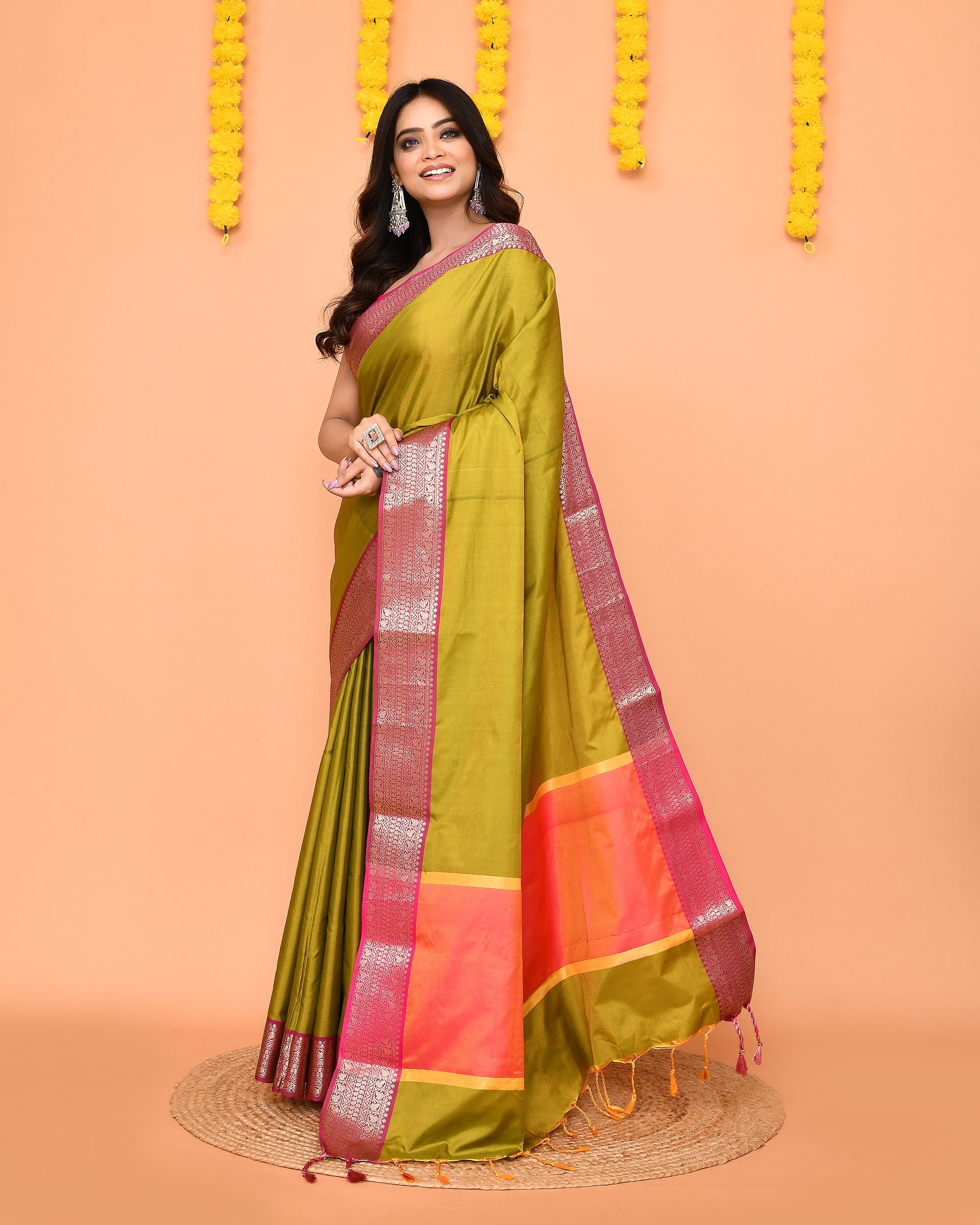 Piyari Fashion Women's Handloom Olive Bangalore Silk Saree With Zari Border - Distacart