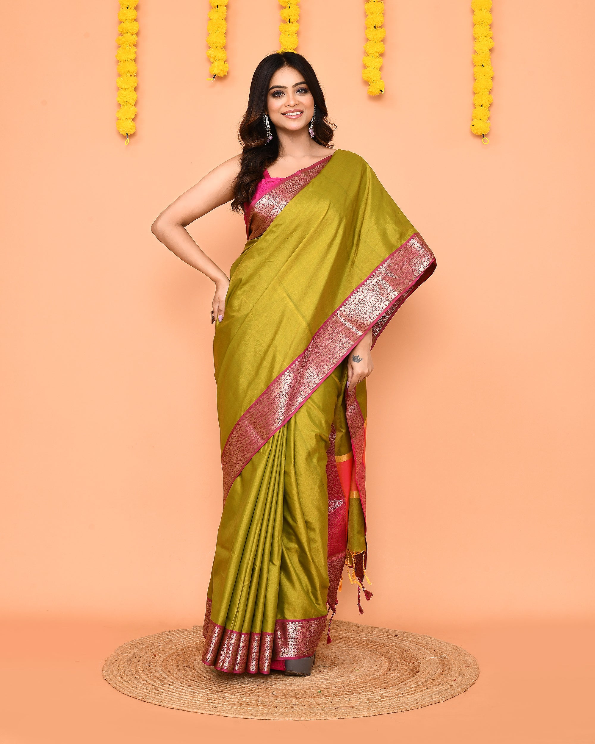 Piyari Fashion Women's Handloom Olive Bangalore Silk Saree With Zari Border - Distacart